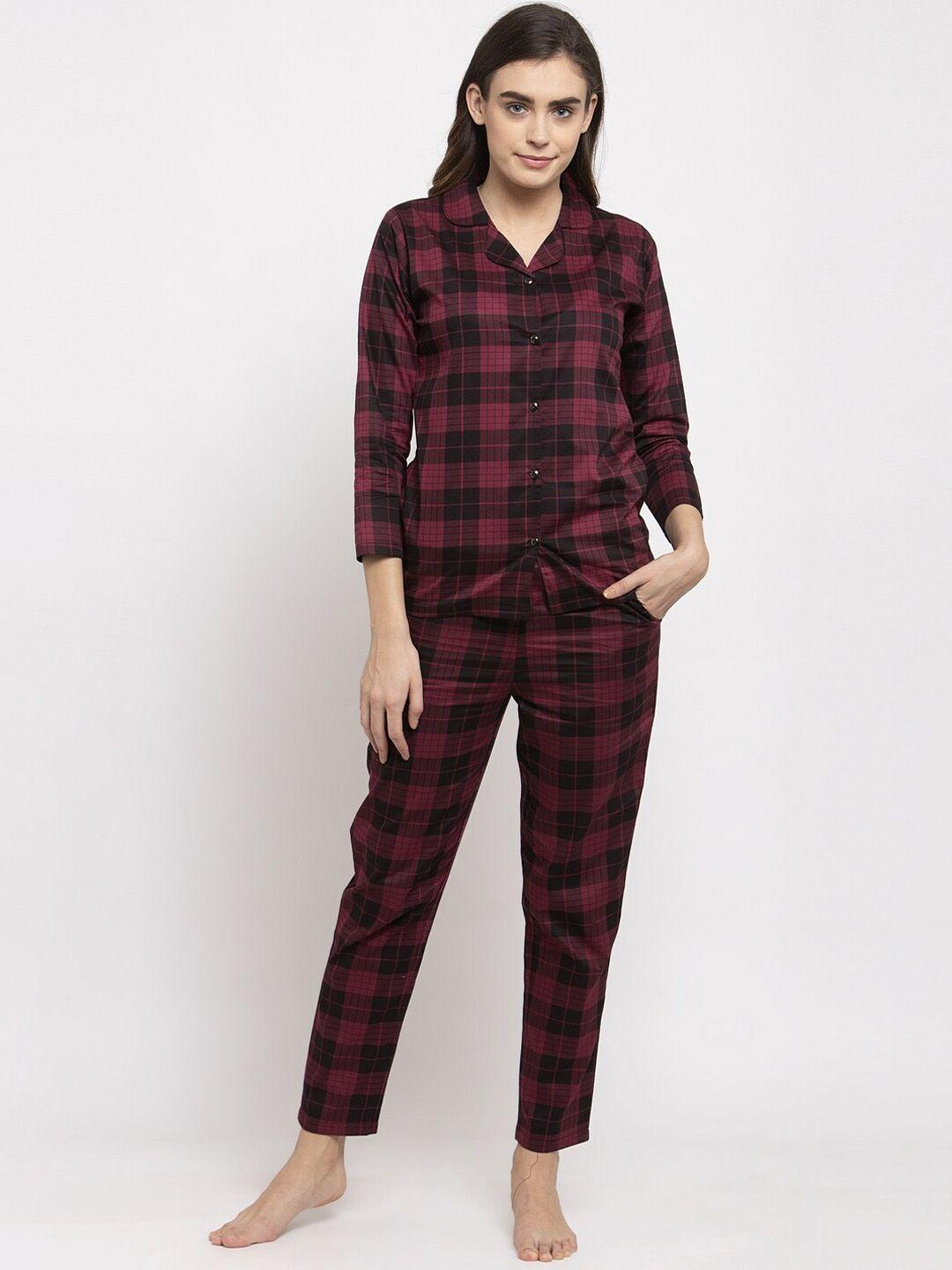 claura women maroon & black checked night suit