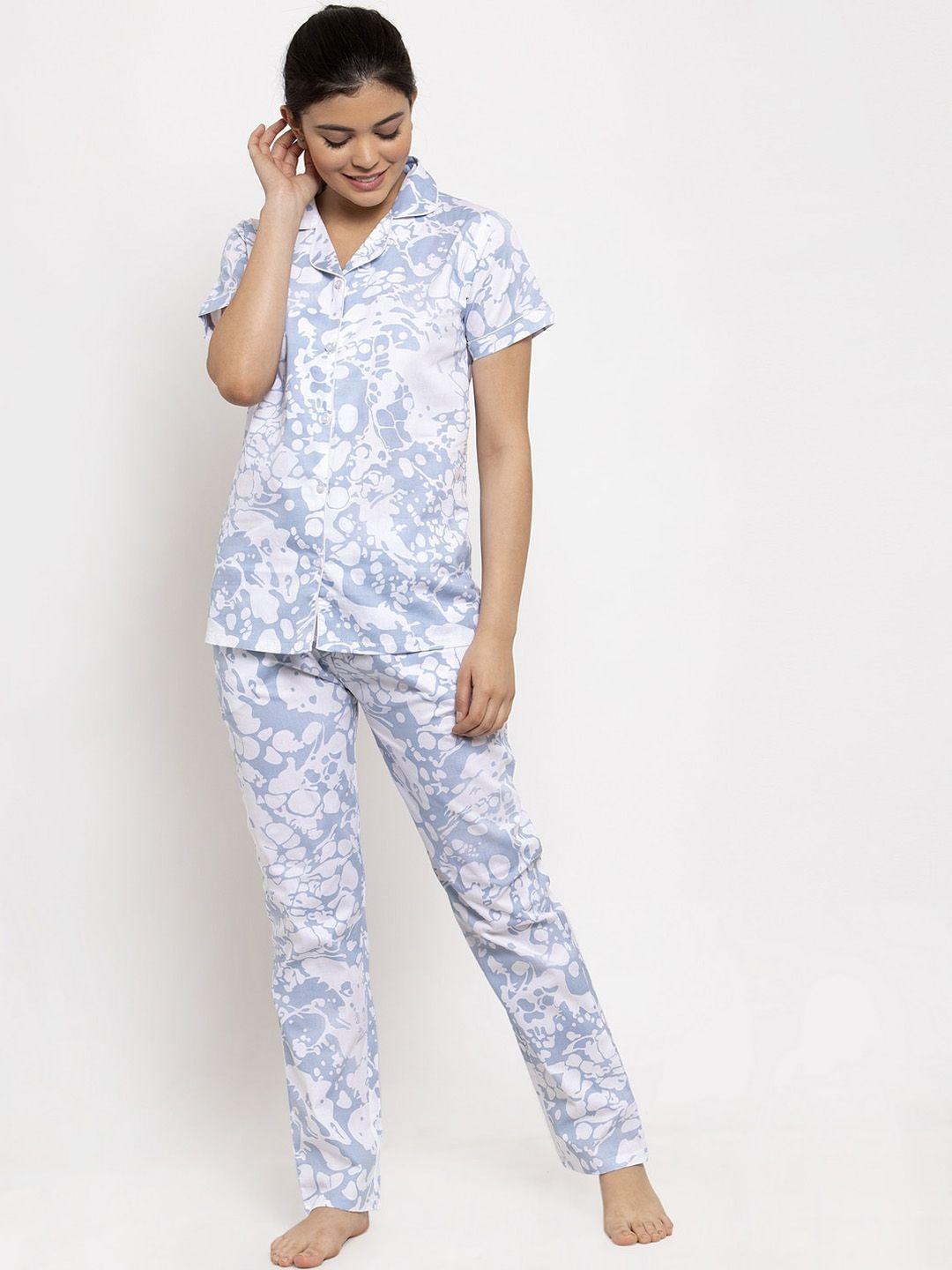 claura women navy blue & white printed cotton night suit