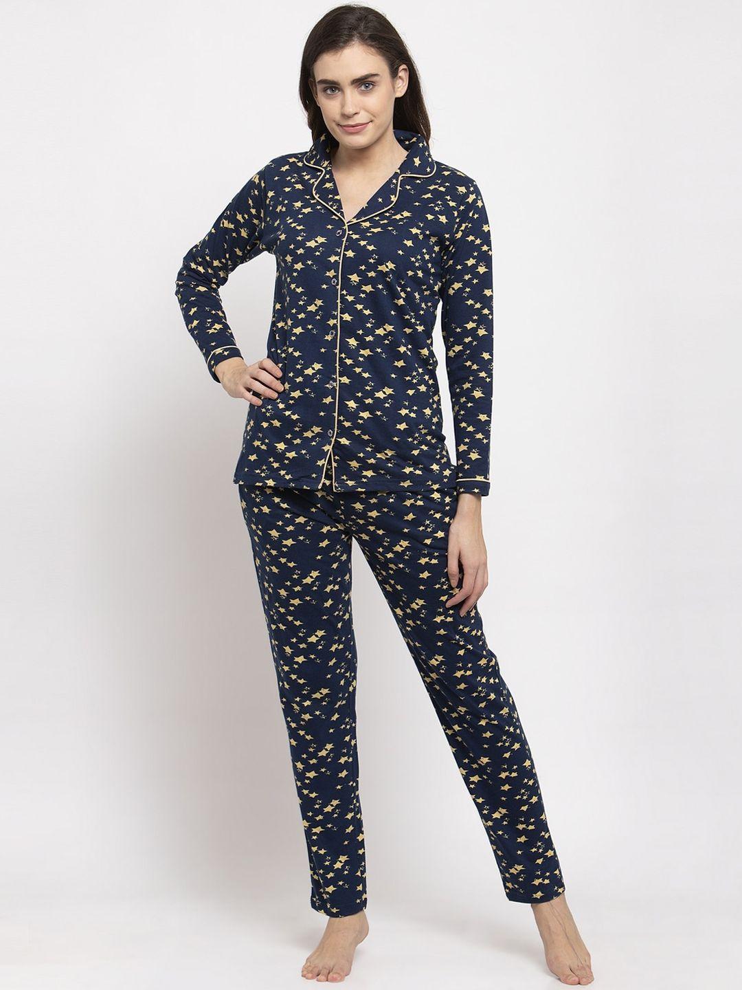 claura women navy blue & yellow printed night suit