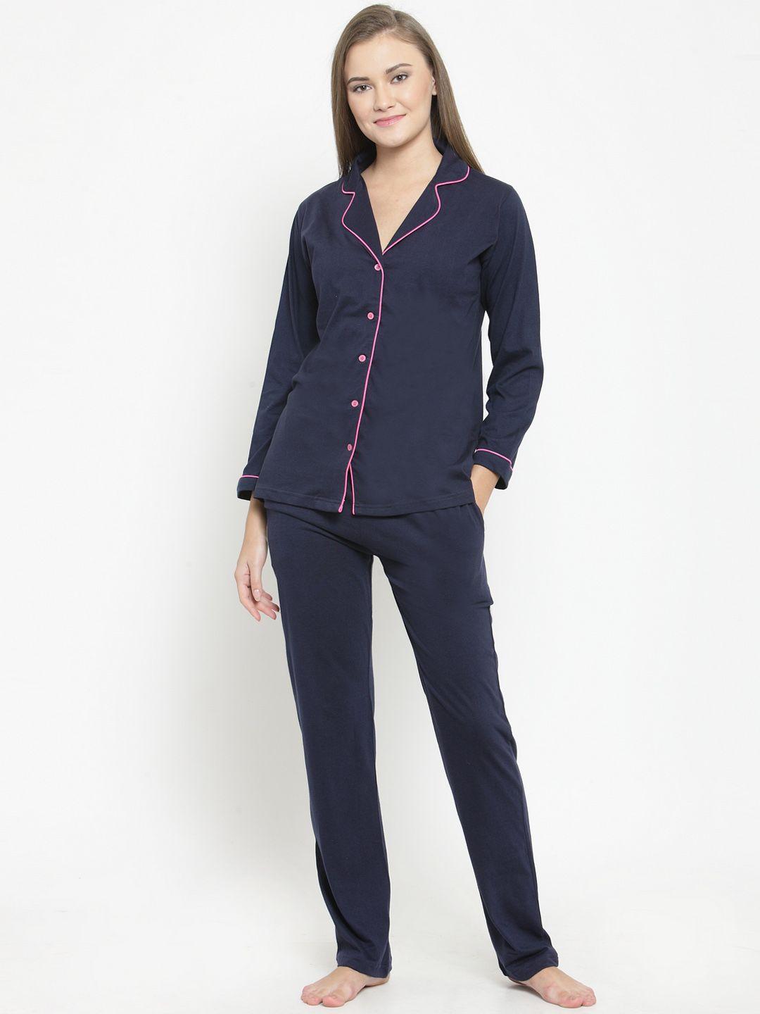 claura women navy blue solid night suit