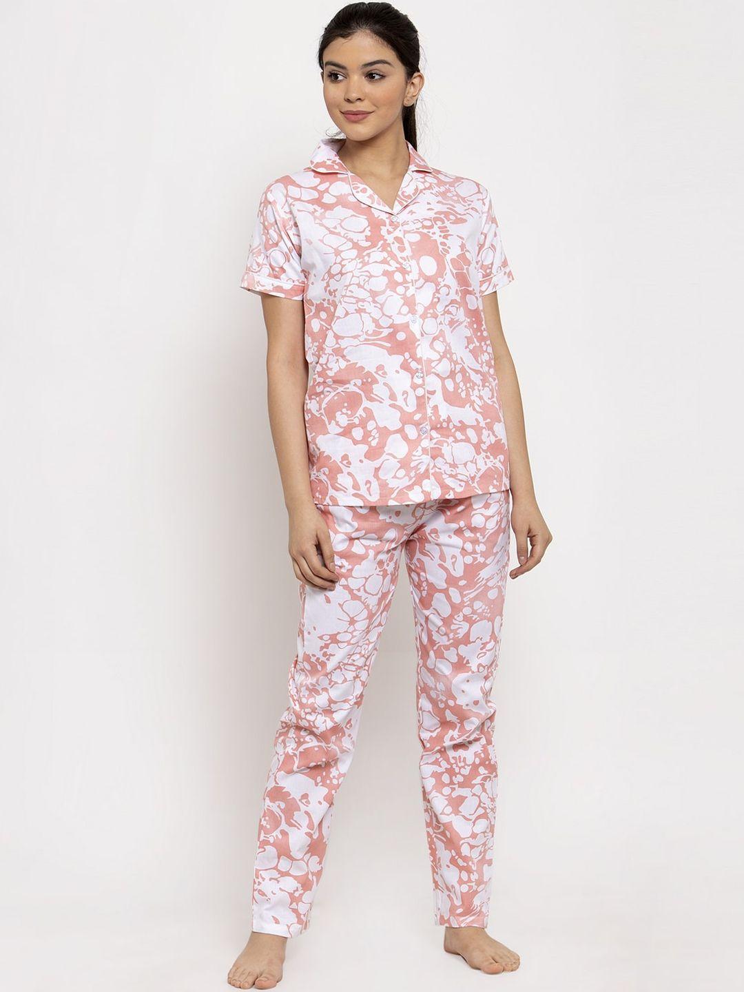 claura women peach-coloured & white printed night suit