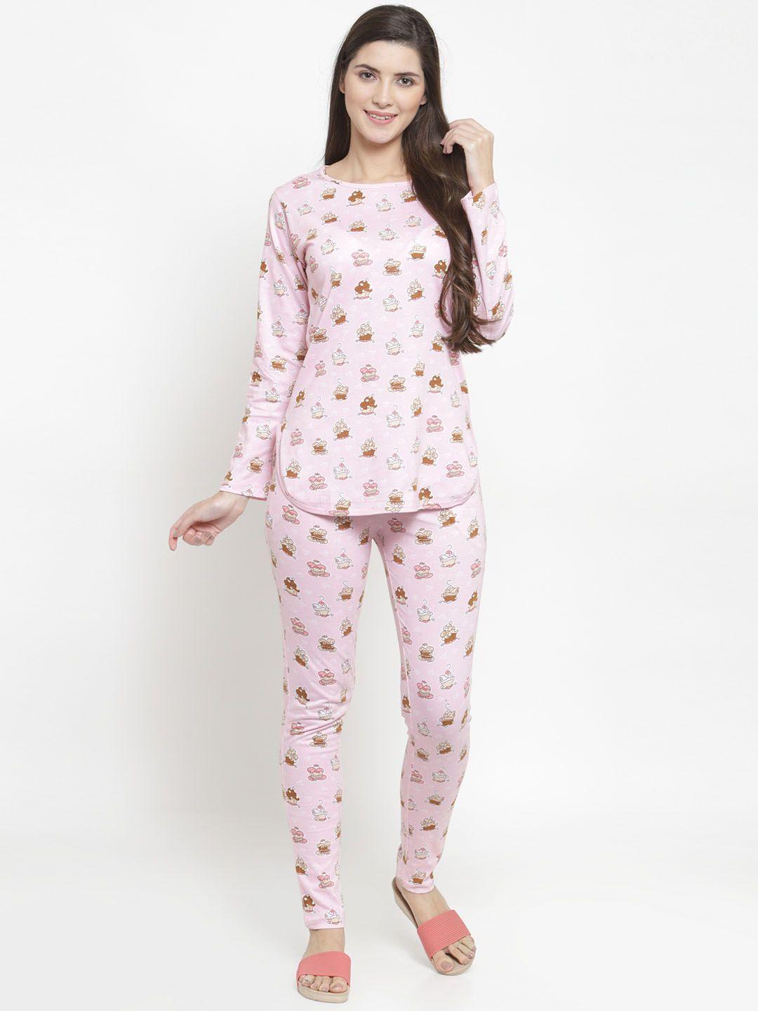 claura women pink & brown printed night suit