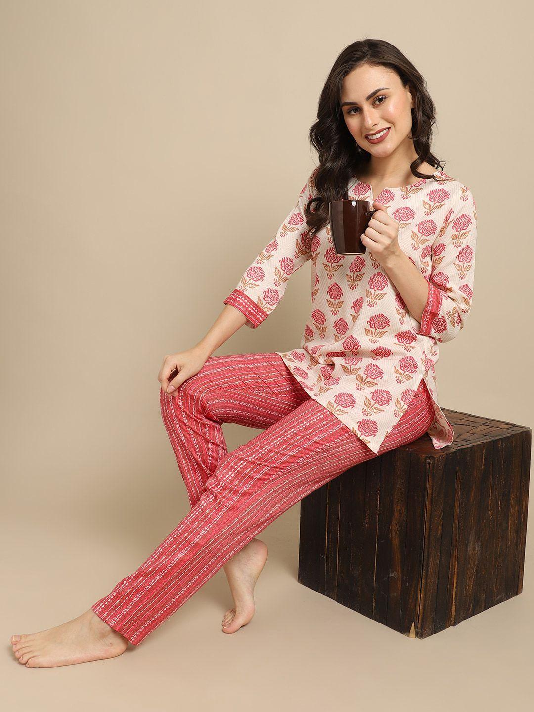 claura women pink & white printed night suit