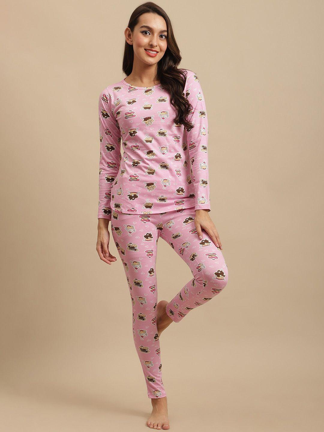 claura women pink & yellow printed pure cotton nightsuit