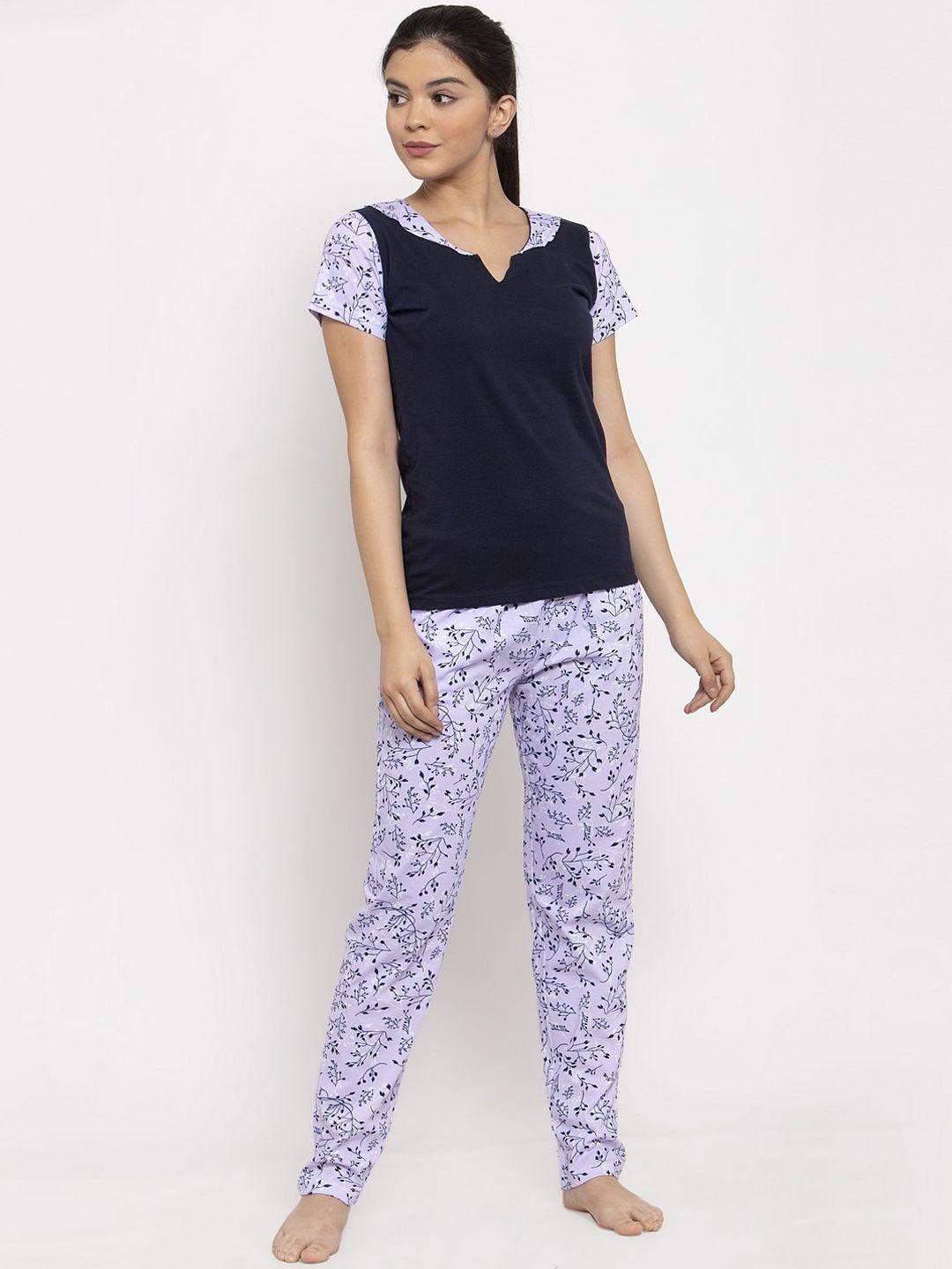 claura women purple & navy blue colourblocked night suit