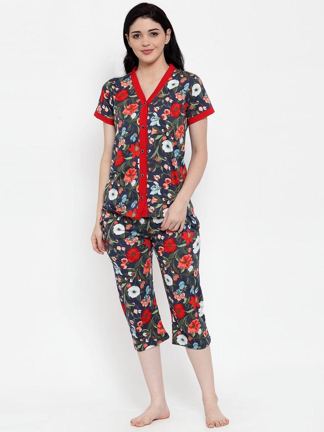 claura women red & blue printed night suit