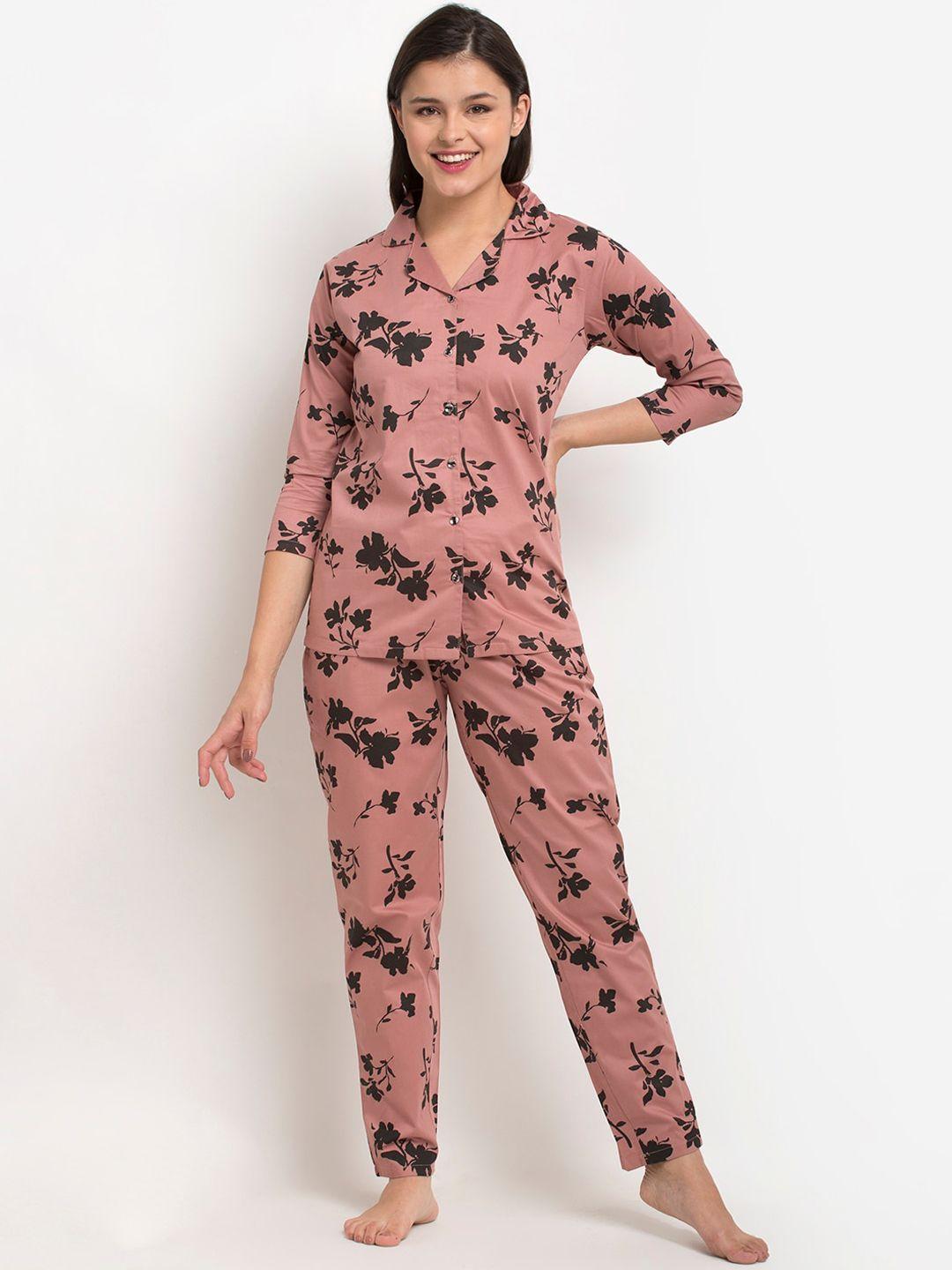 claura women rose & black floral printed pure cotton night suit