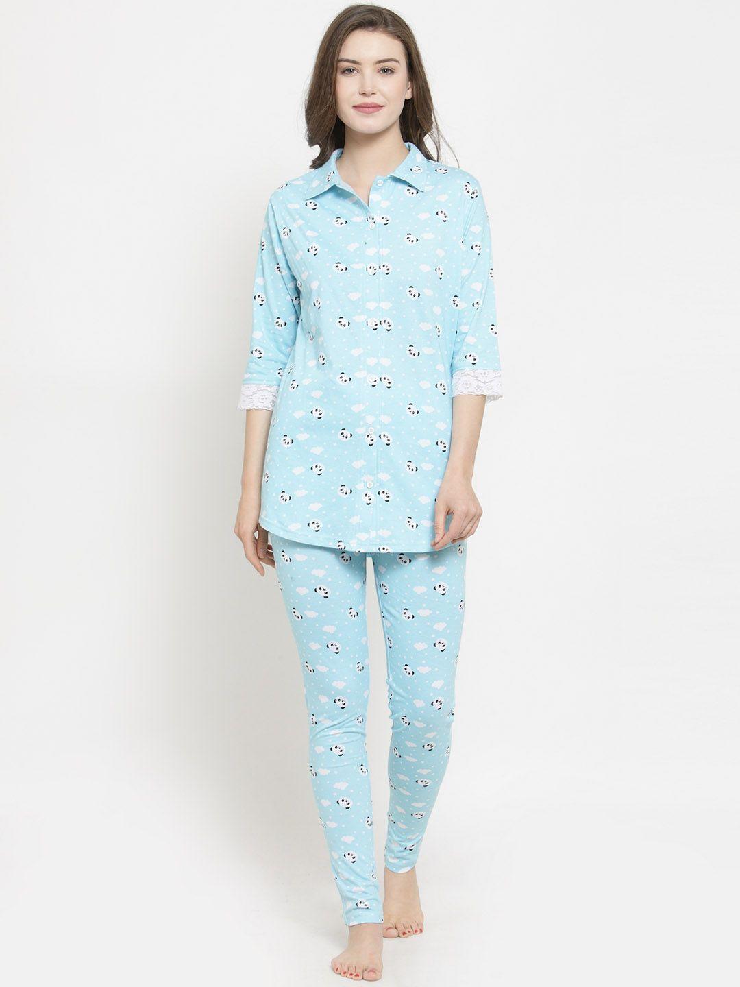 claura women turquoise blue & white printed night suit