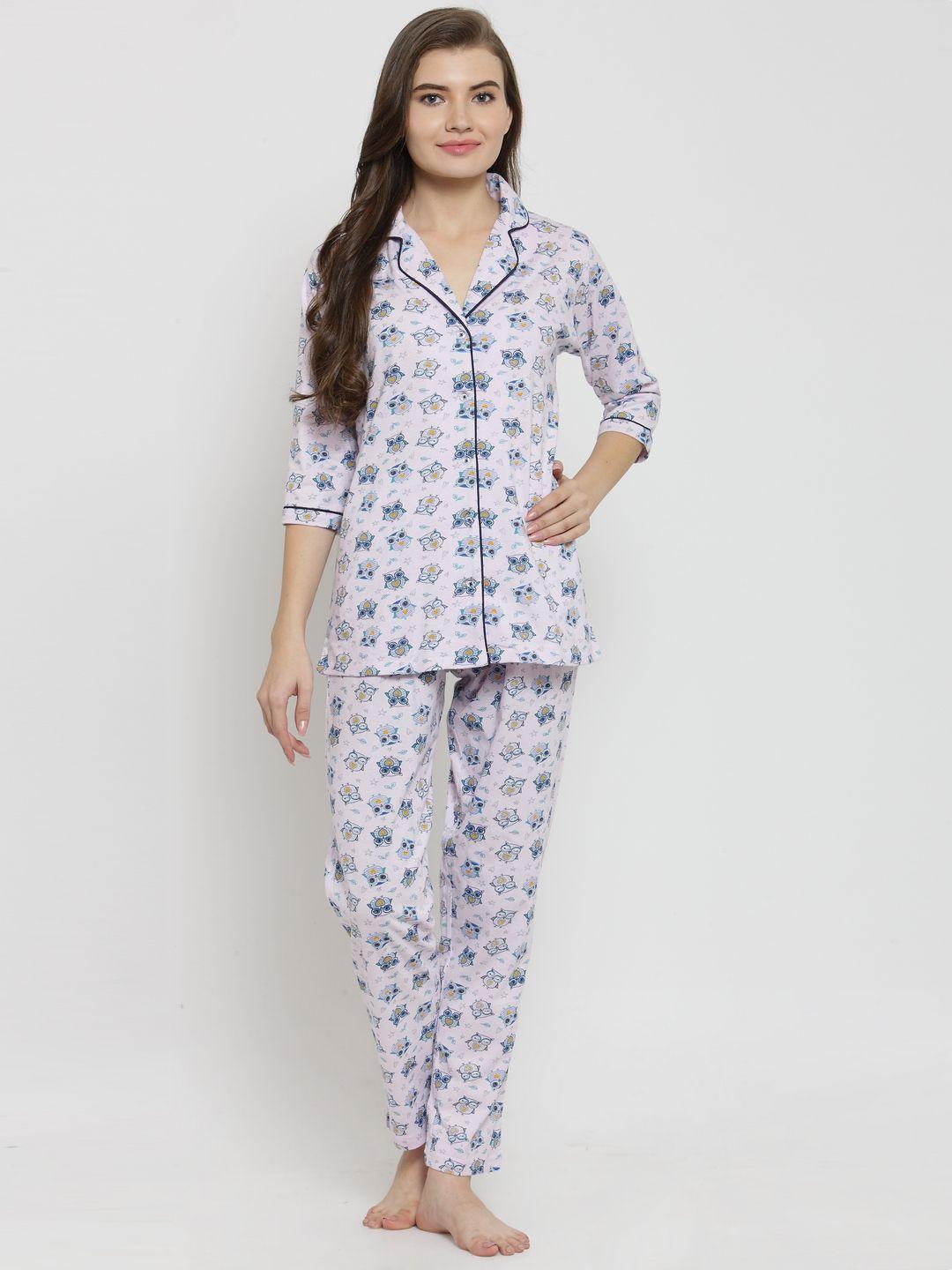 claura women white & blue printed night suit