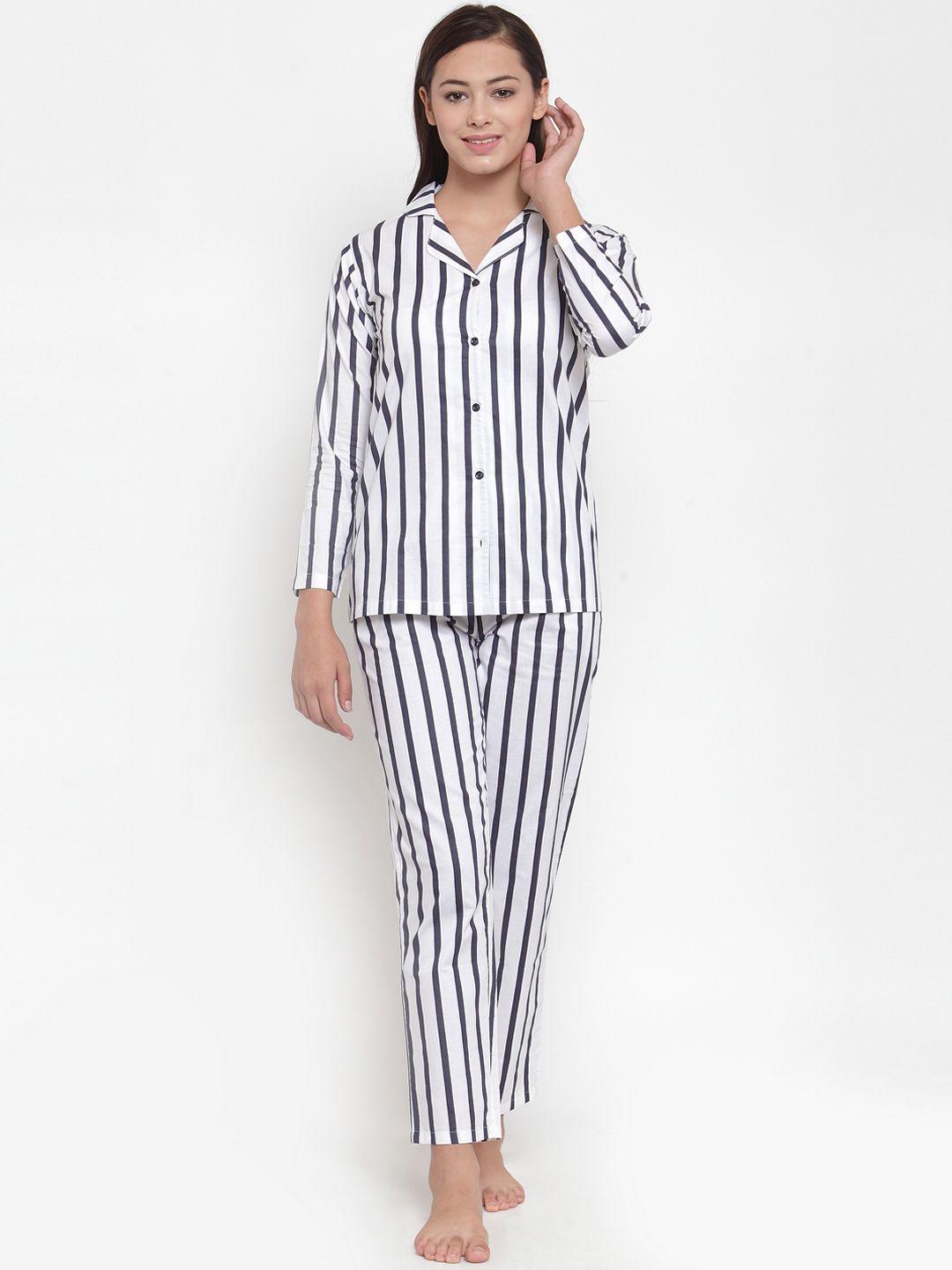 claura women white & navy blue striped night suit