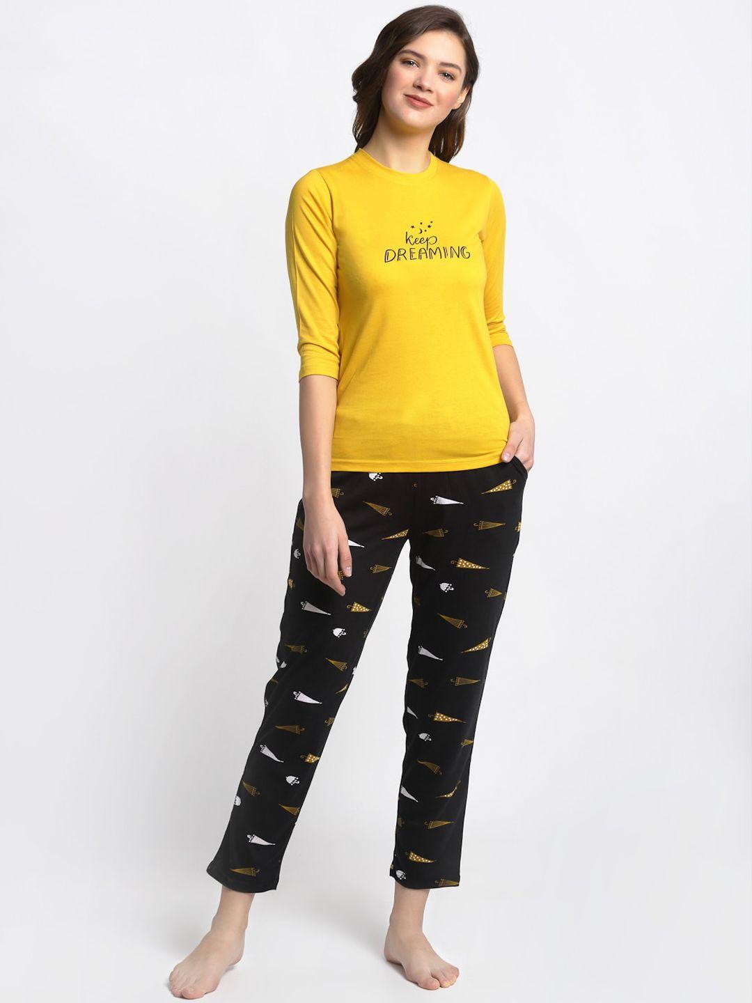 claura women yellow & black printed night suit