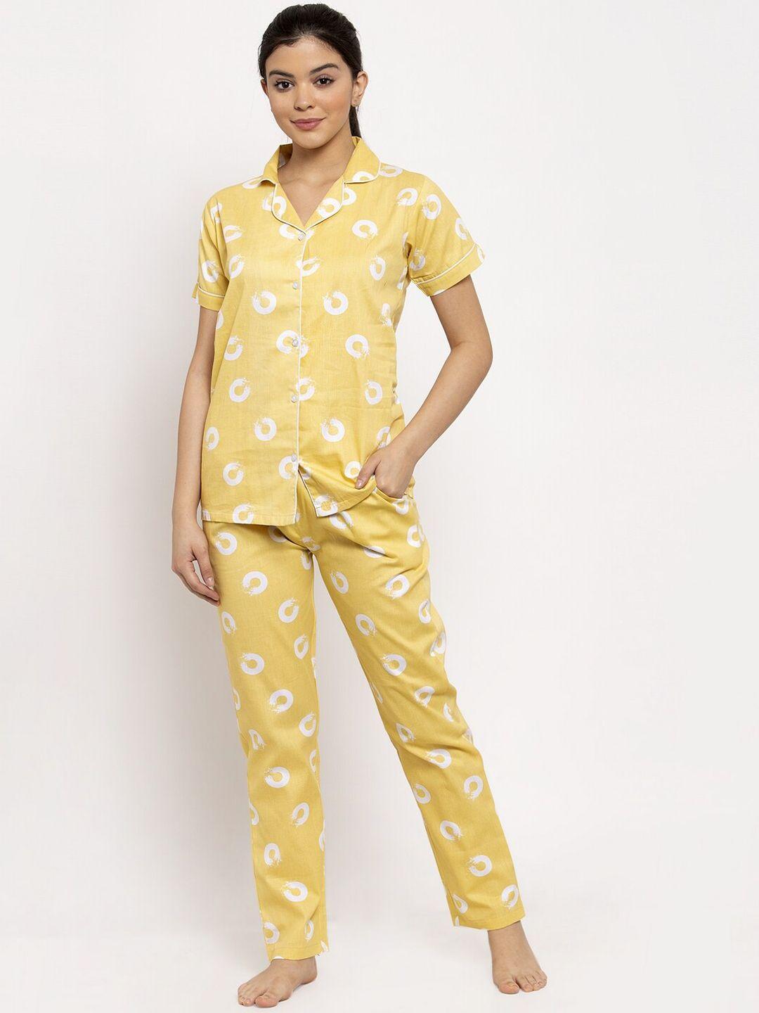 claura women yellow & white printed night suit cot-182