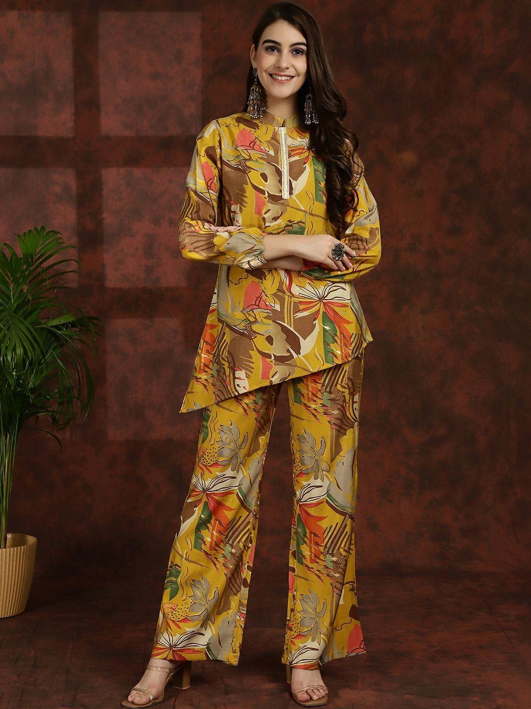 claura yellow abstract printed mandarin collar tunic with flared palazzos