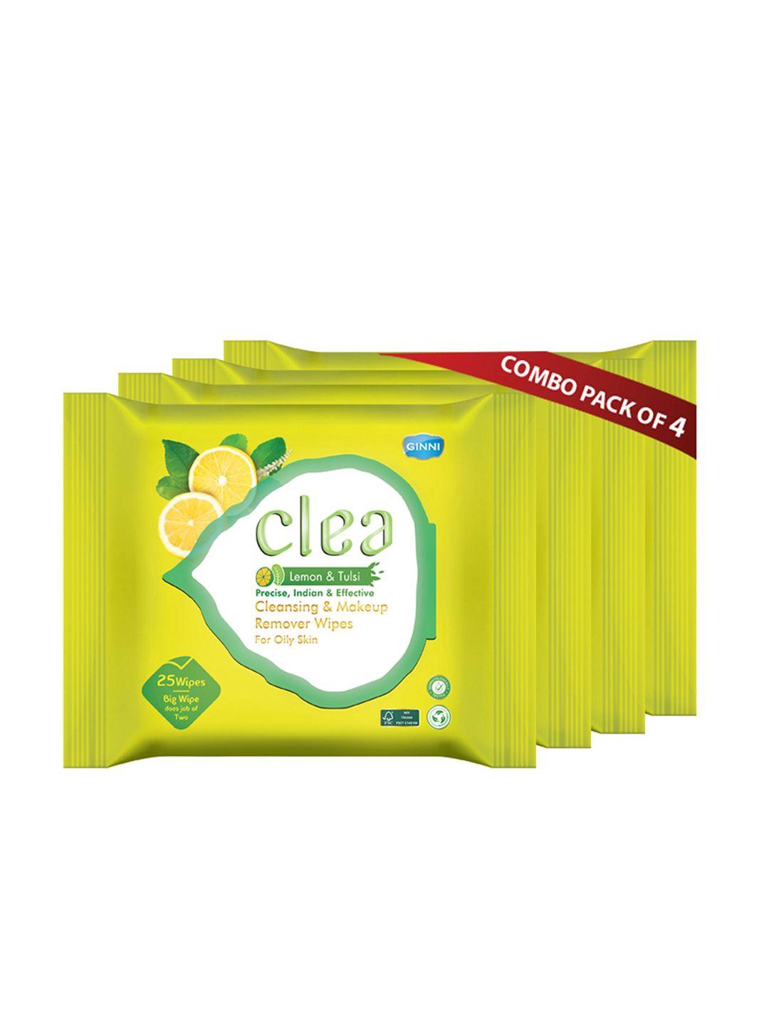 clea set of 4 lemon & tulsi cleansing & makeup remover wet wipes - 25 pulls each