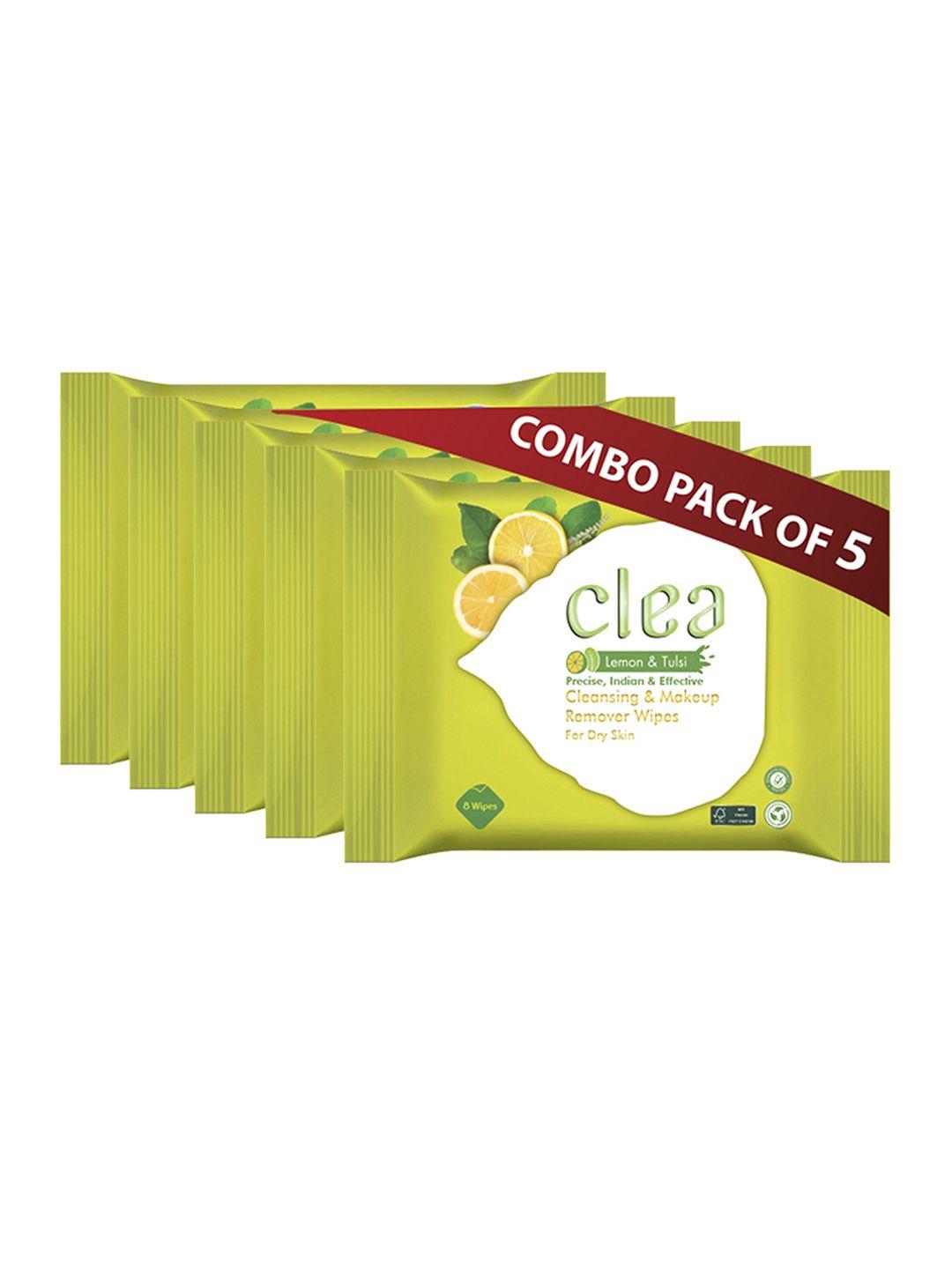 clea set of 5 lemon & tulsi cleansing & makeup remover wet wipes - 8 pulls each