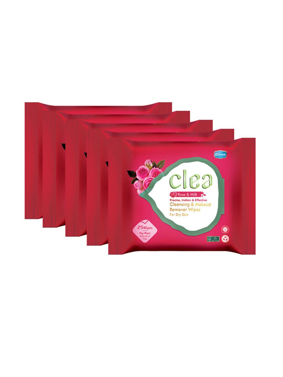 clea set of 5 rose & milk cleansing & makeup remover wet wipes - 25 pulls each