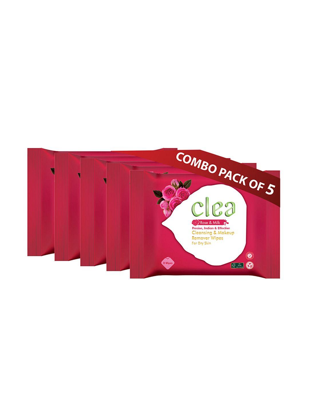 clea set of 5 rose & milk cleansing & makeup remover wet wipes - 8 pulls each