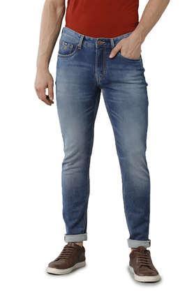 clean look cotton blend slim fit men's jeans - blue