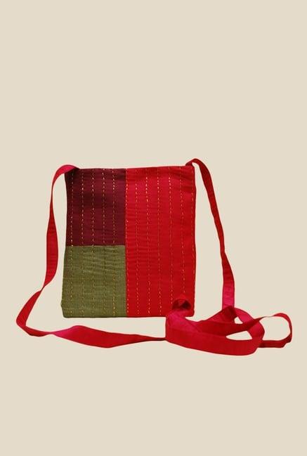 clean planet red kantha work sling bag