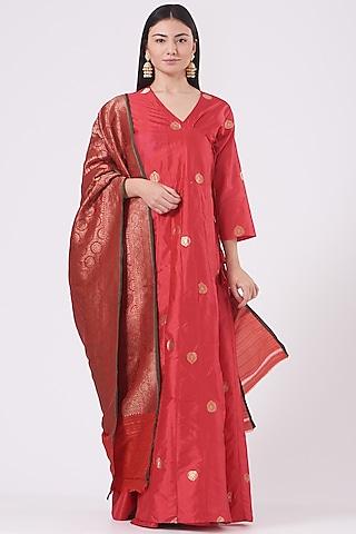 clear red silk angrakha kurta set