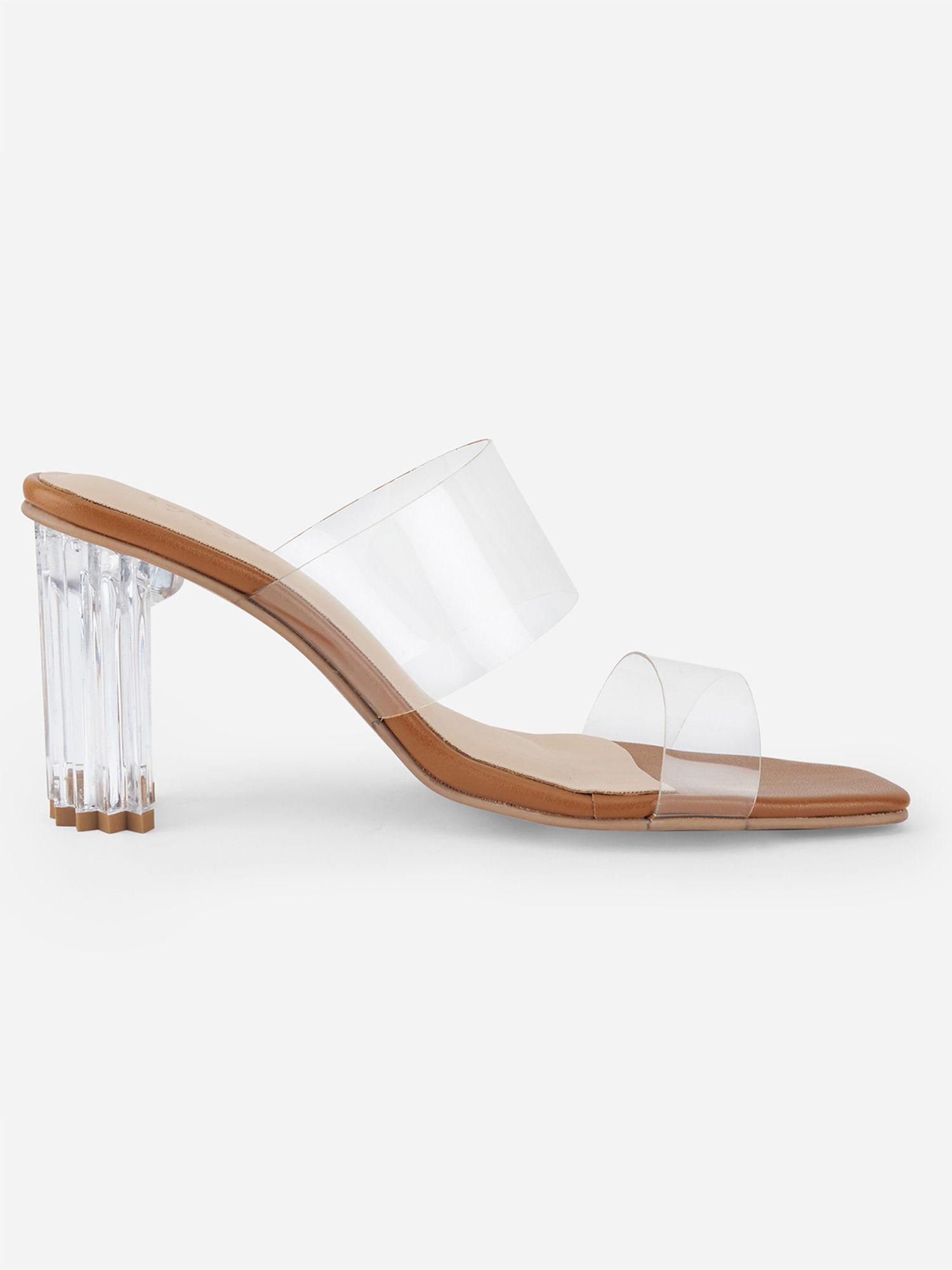 clear strap tan open-toes block heels