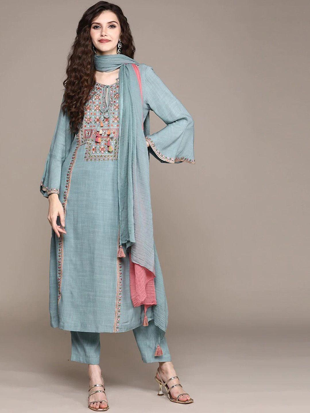 clemira floral embroidered straight kurta with trousers & dupatta