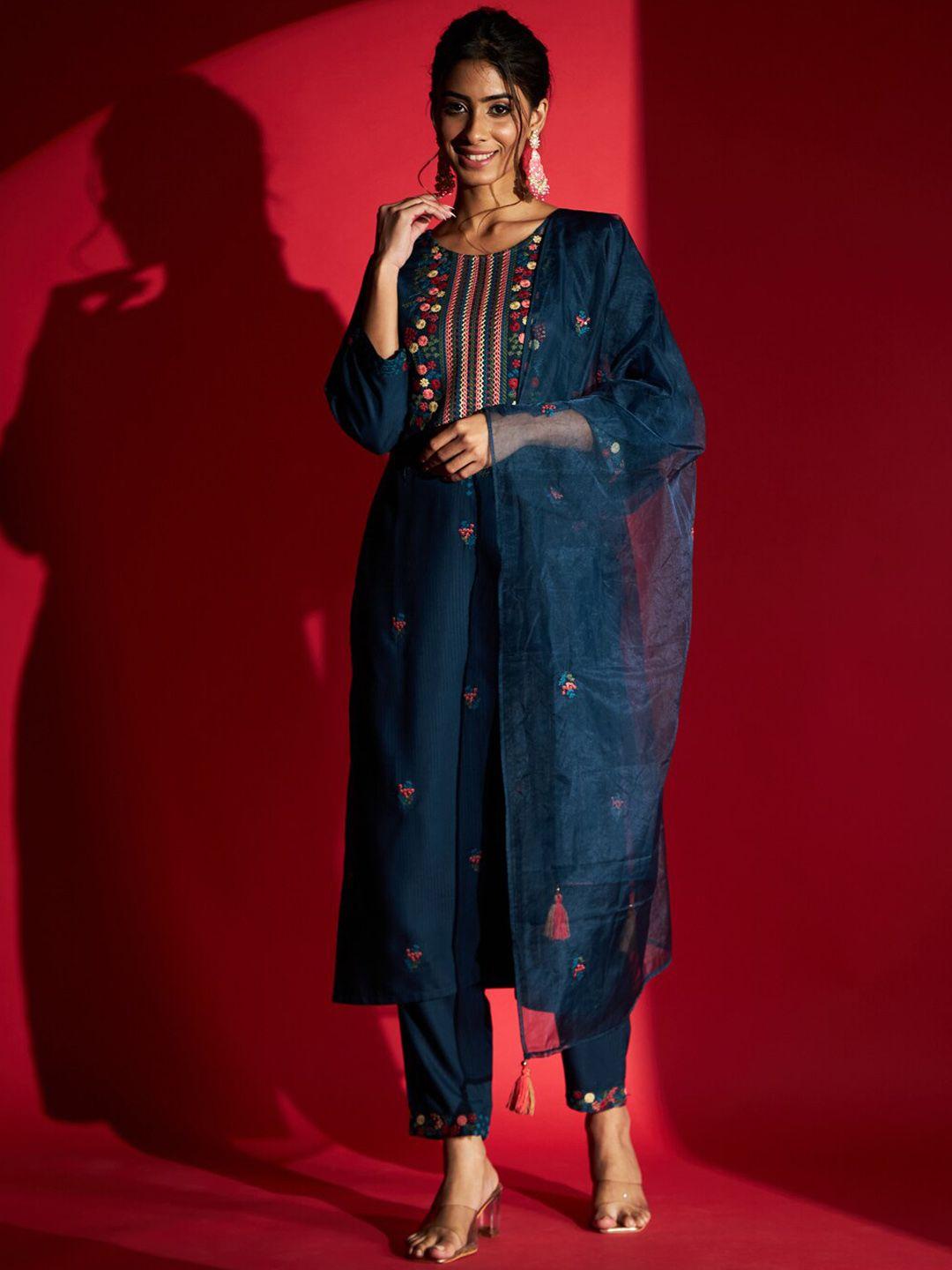 clemira floral embroidered yoke straight kurta with trousers & dupatta