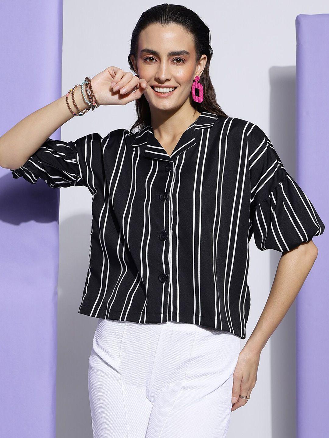 clemira black geometric print roll-up sleeves crepe shirt style top