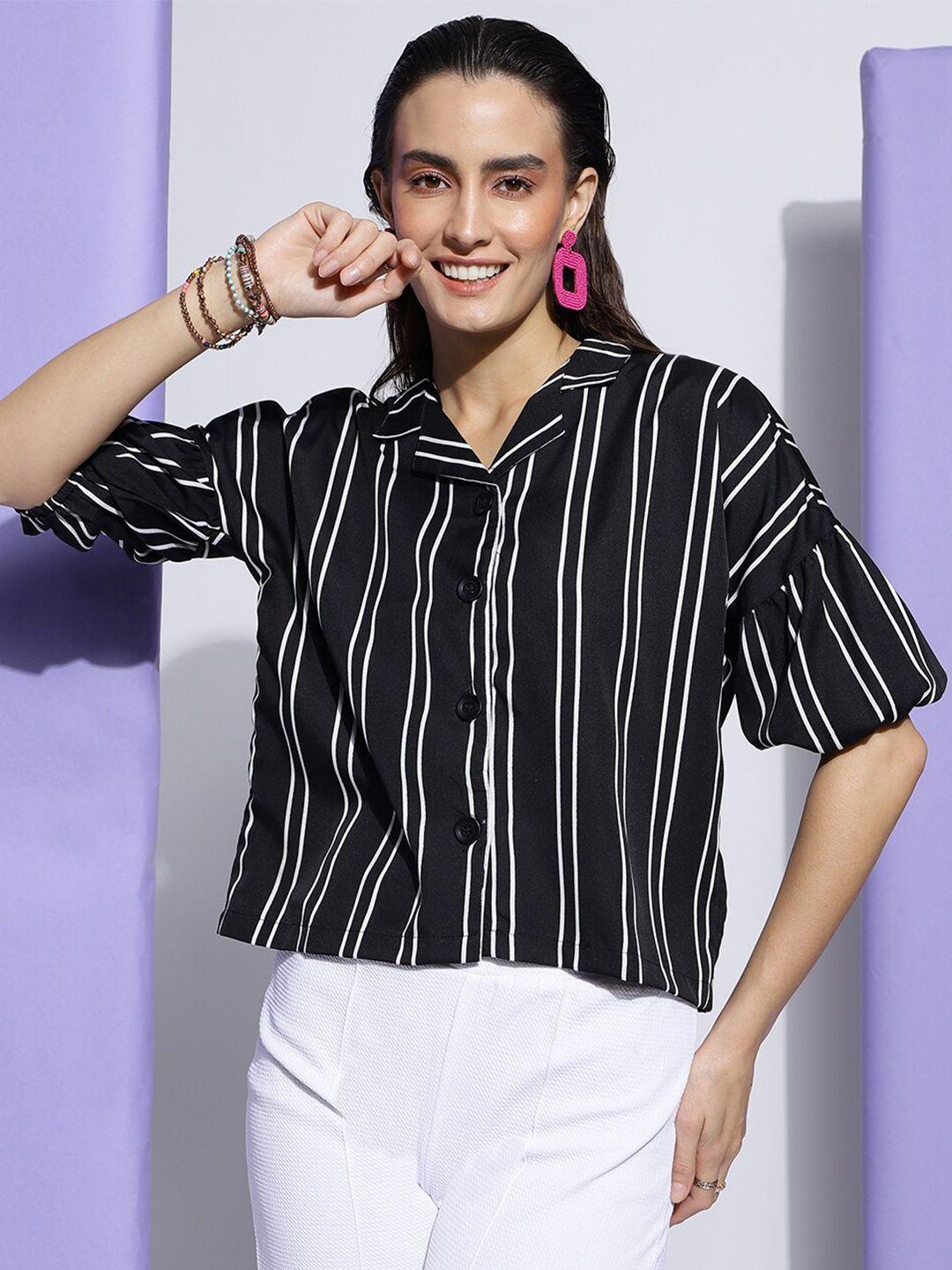 clemira black print roll-up sleeves ethnic crepe shirt style top