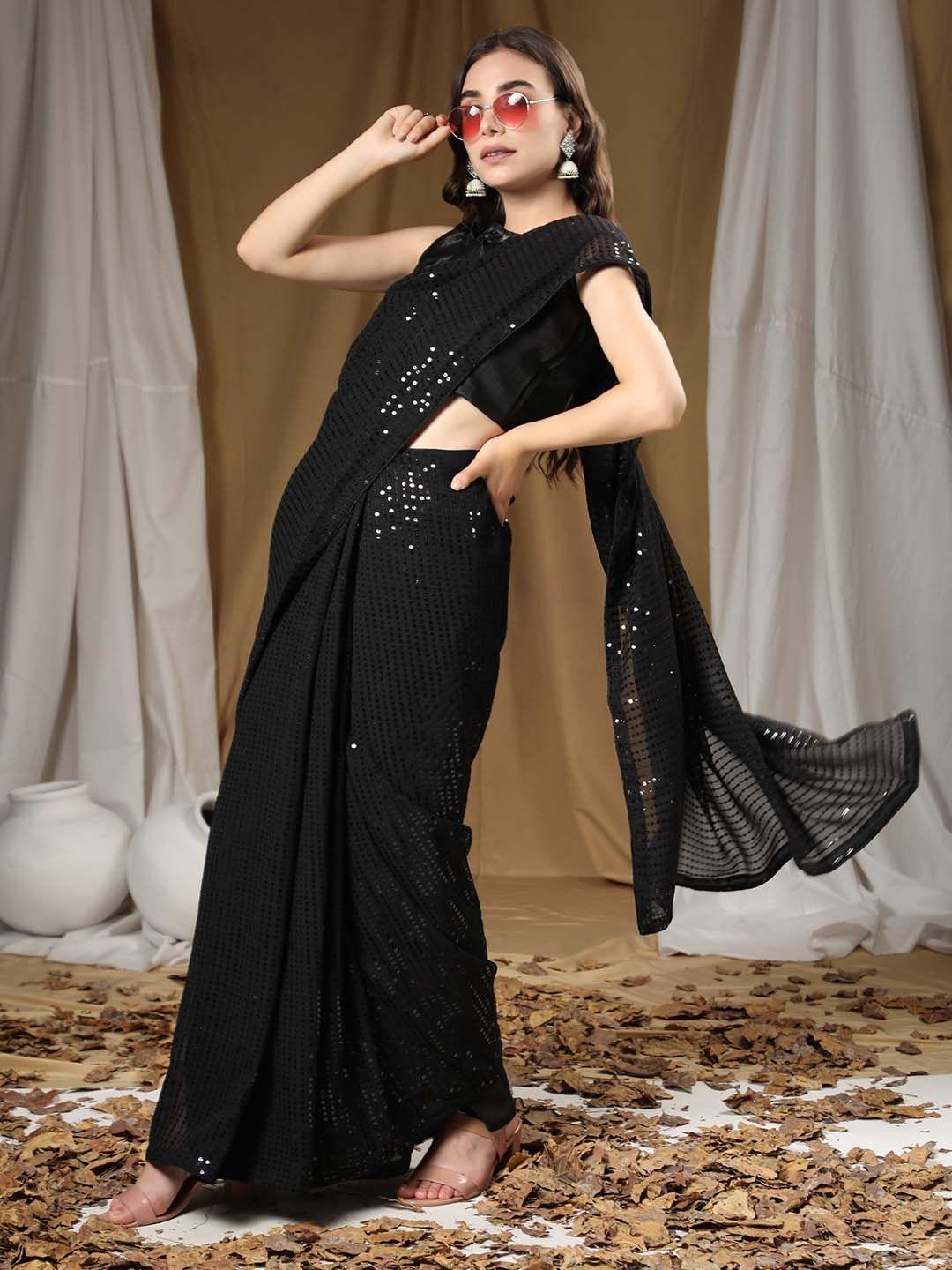 clemira embellished sequinned pure georgette saree