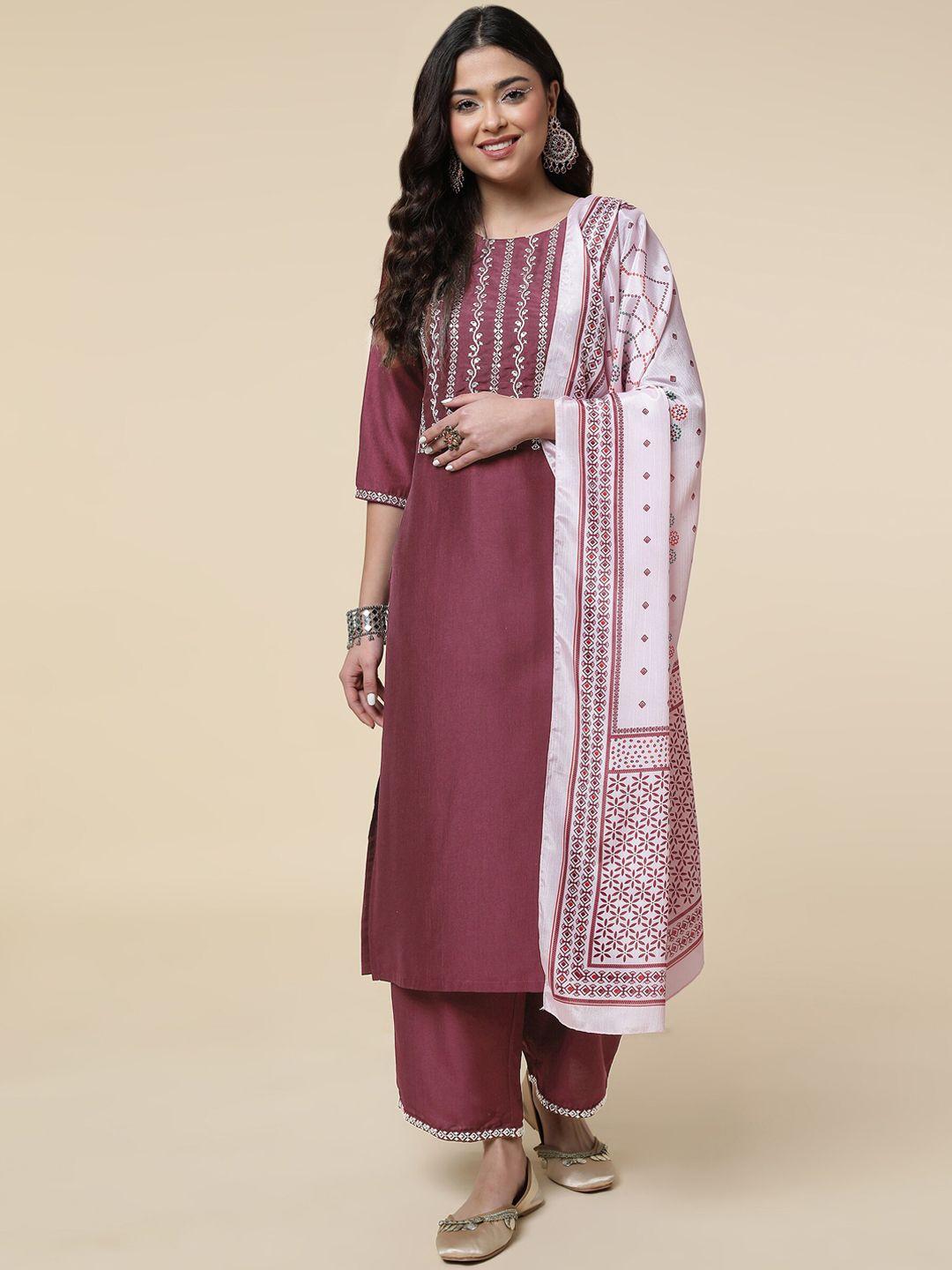 clemira ethnic motifs embroidered thread work kurta with palazzo & dupatta