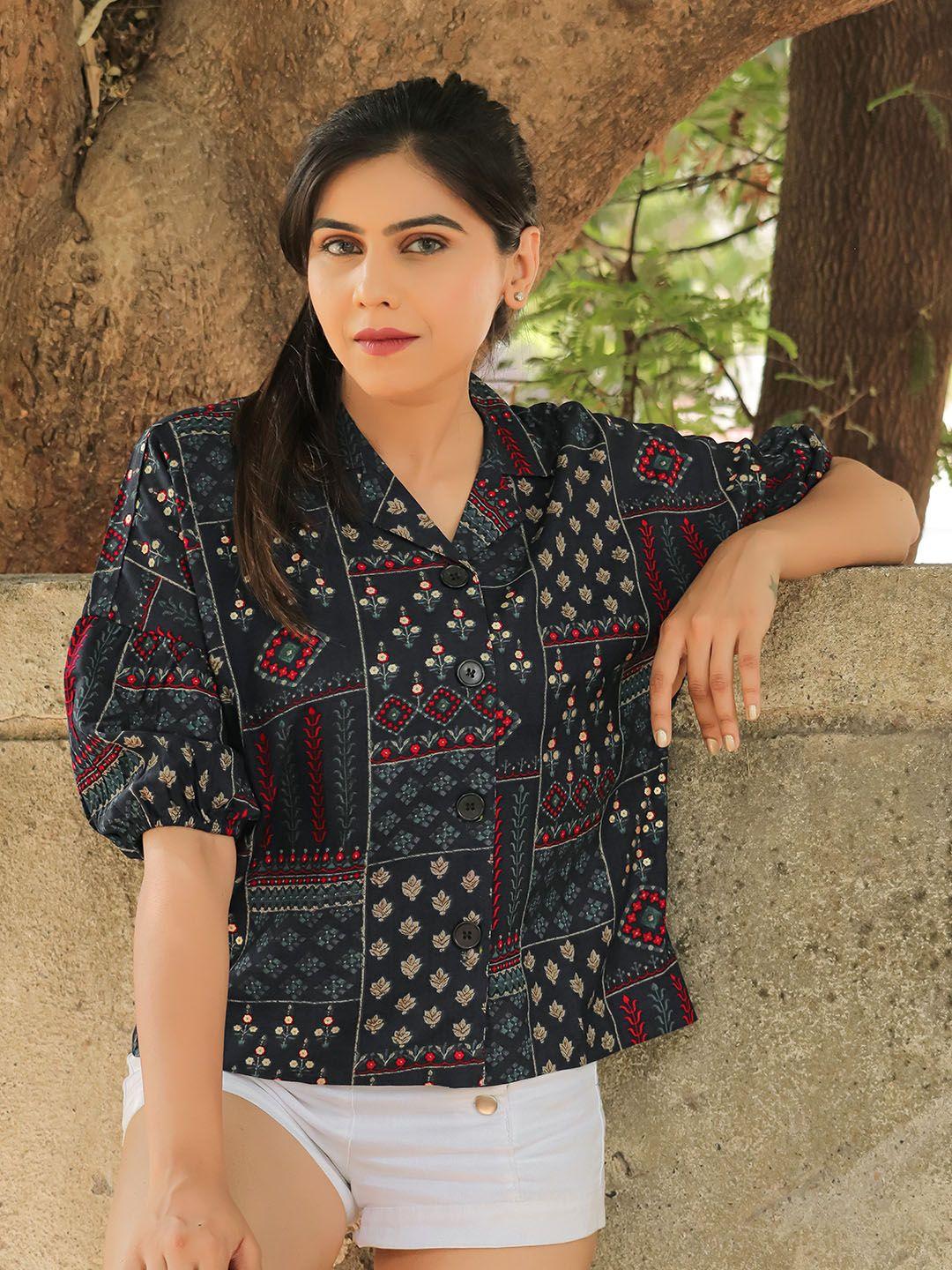 clemira ethnic motifs printed puff sleeves shirt style top