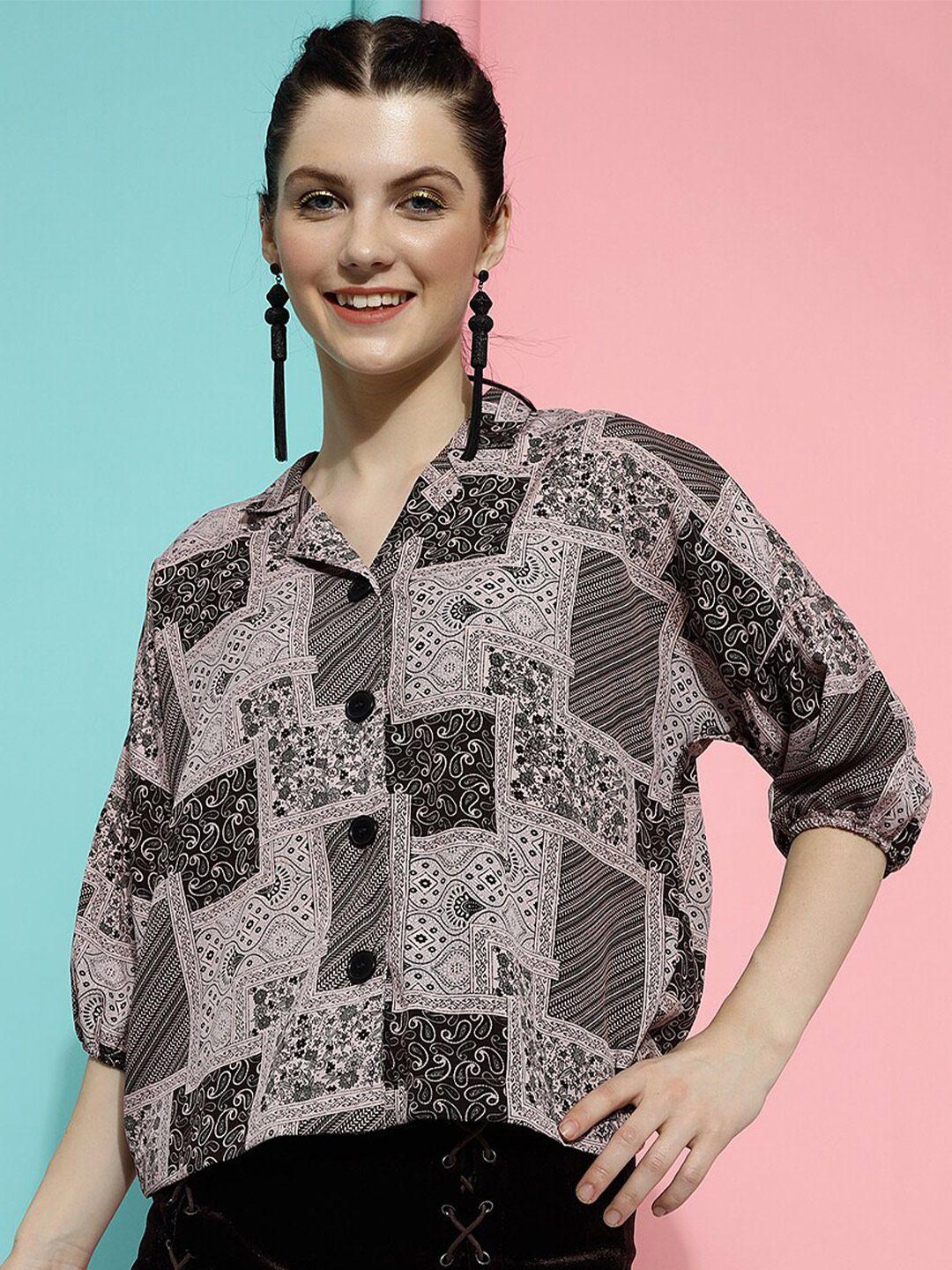 clemira ethnic motifs printed puff sleeves shirt style top