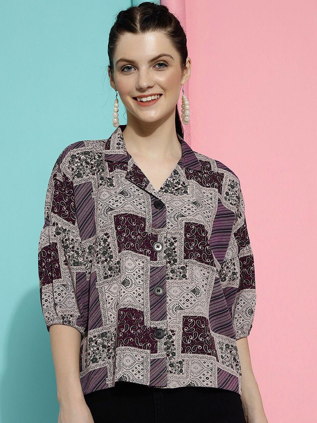 clemira ethnic motifs printed puff sleeves shirt style top