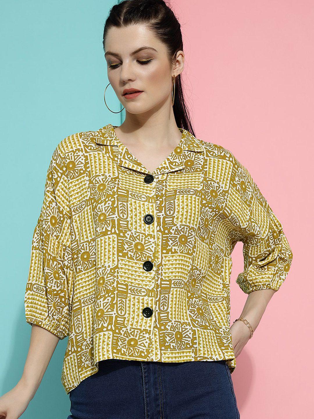 clemira ethnic motifs printed puff sleeves shirt style top