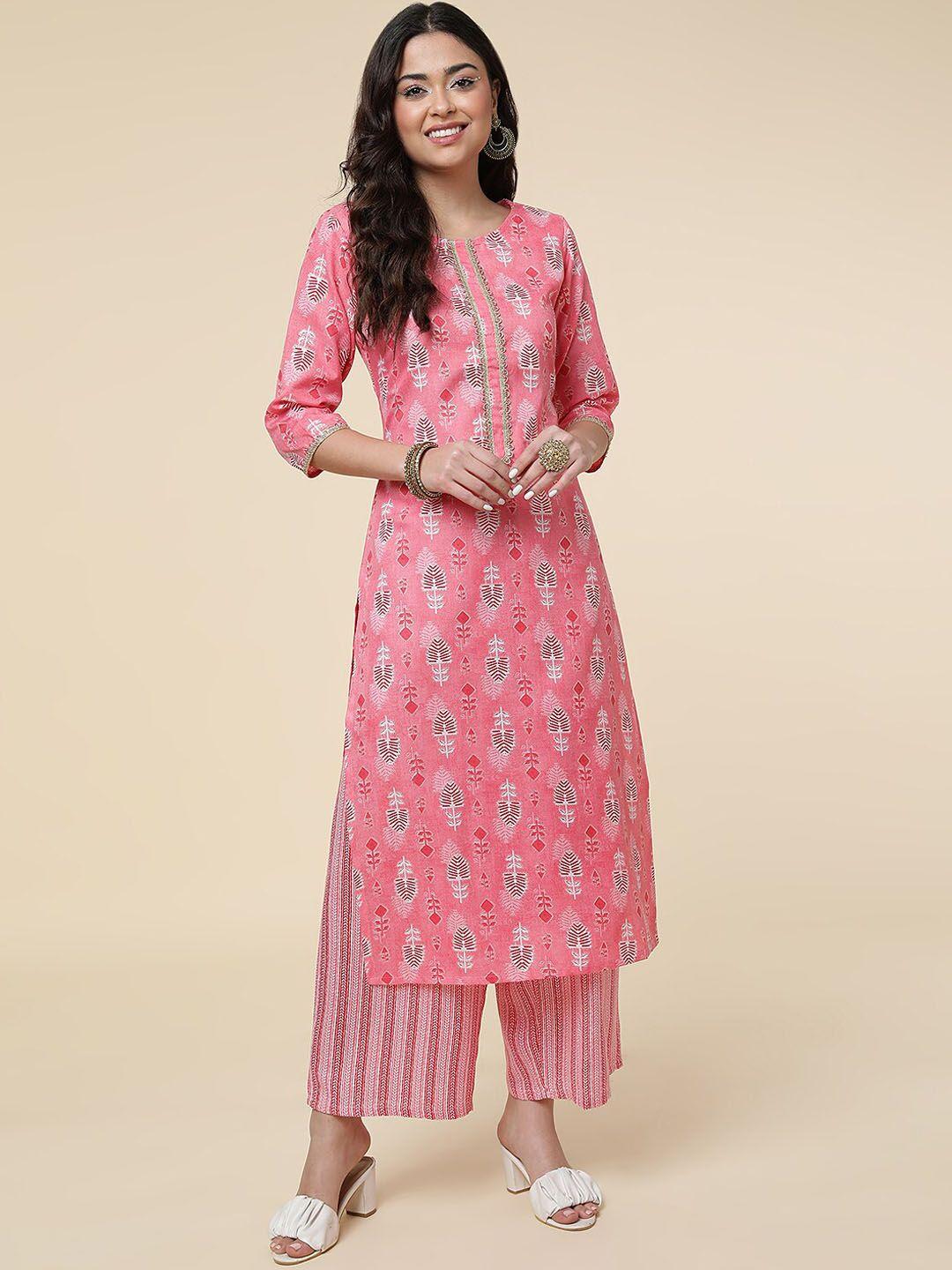 clemira ethnic motifs printed round neck straight kurta & palazzos