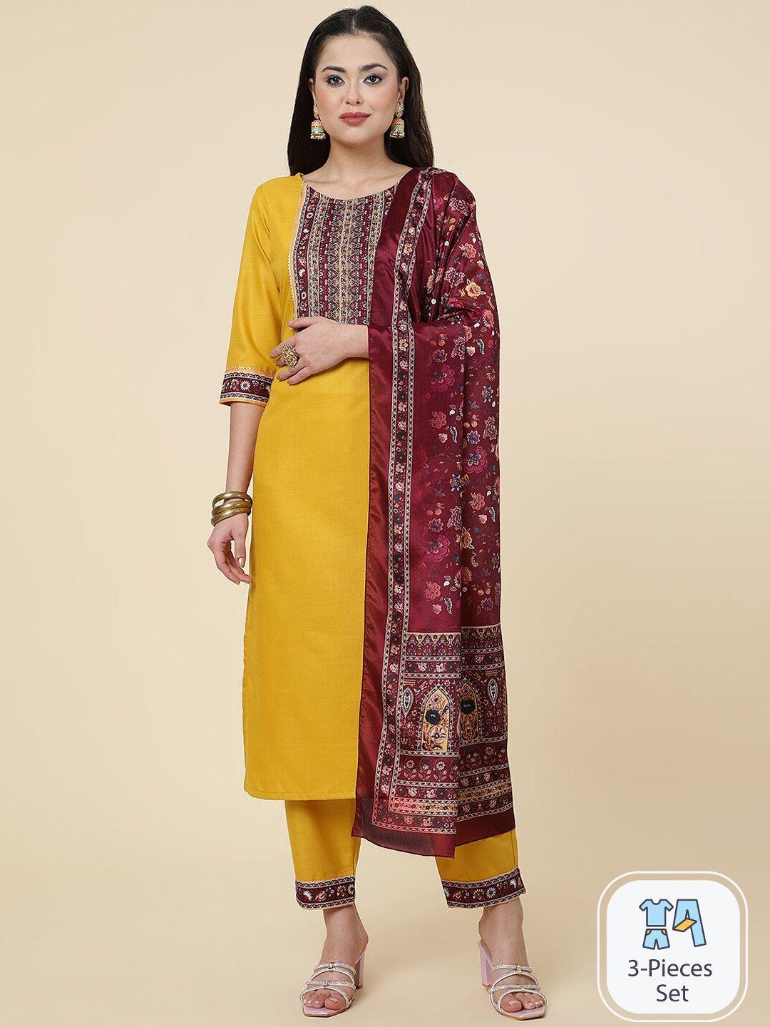 clemira ethnic motifs yoke design gotta patti kurta with trousers & dupatta