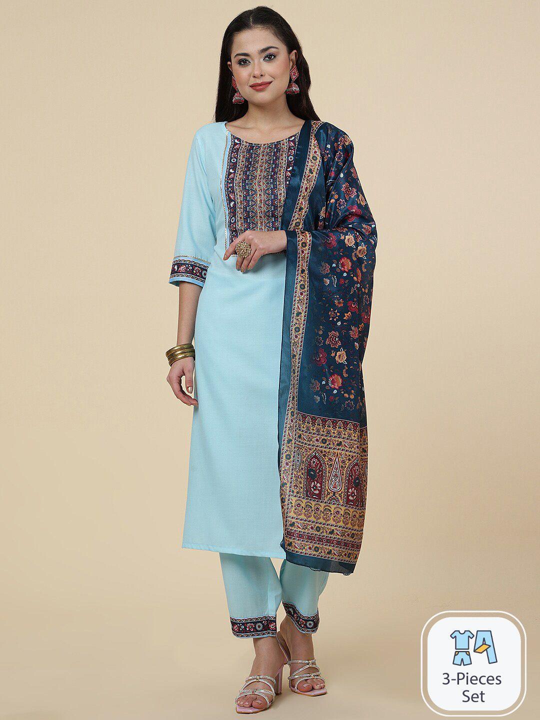 clemira ethnic motifs yoke design gotta patti straight kurta & trousers with dupatta