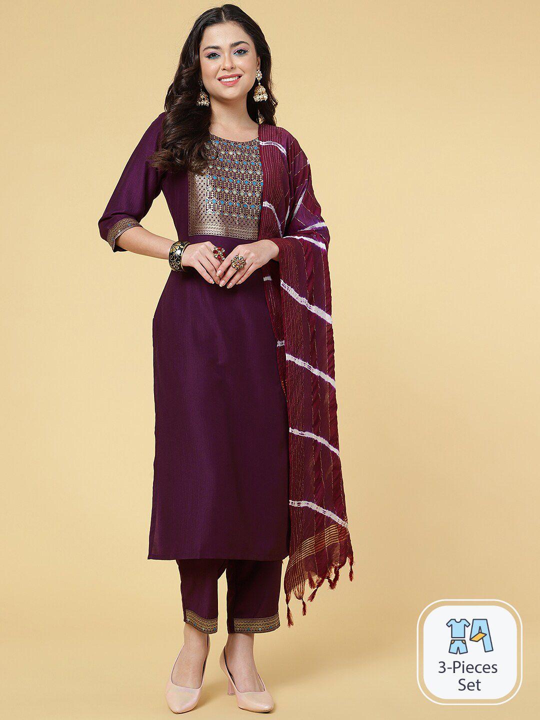 clemira ethnic motifs yoke design zari straight kurta & trouser with dupatta
