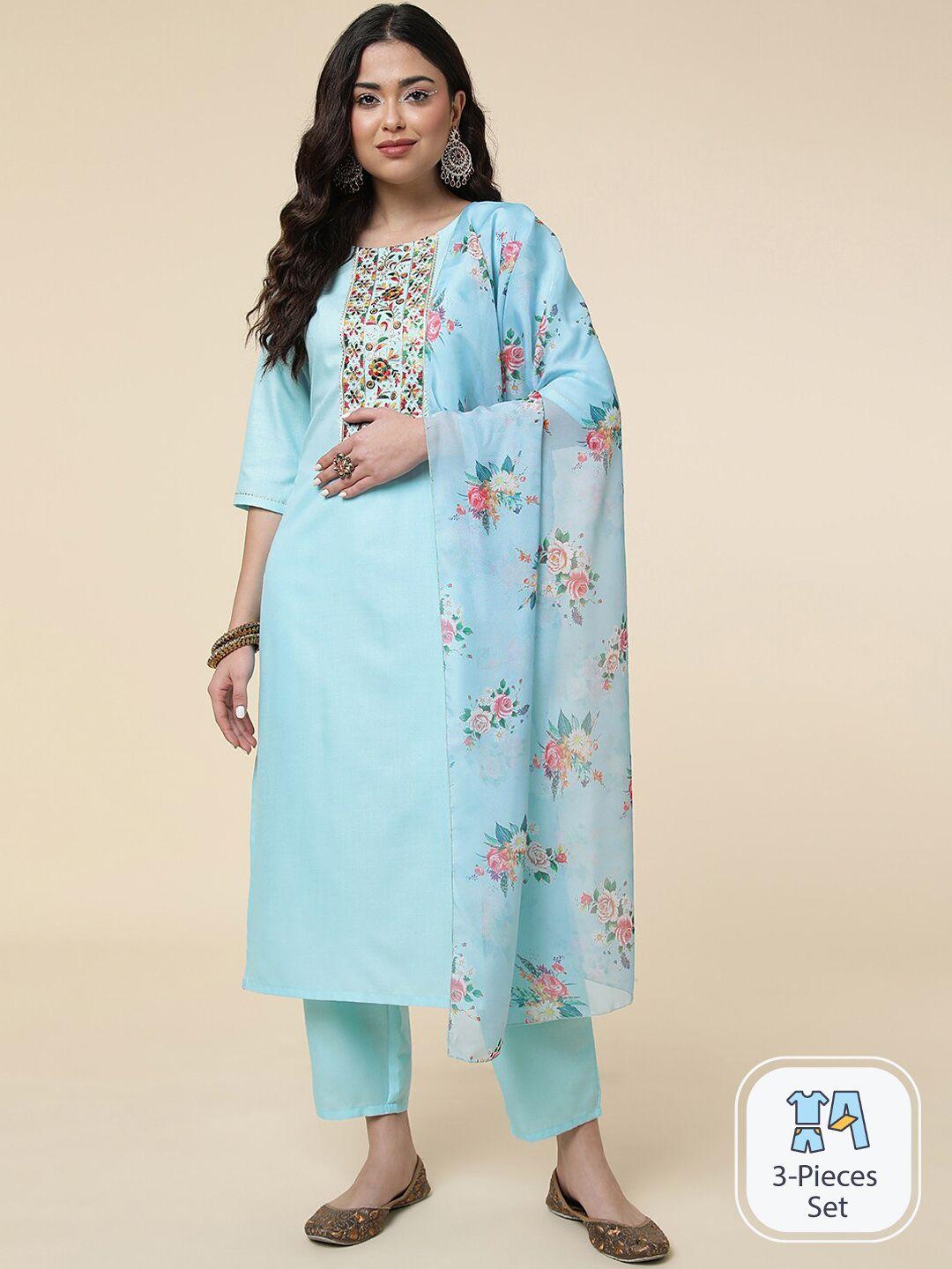 clemira floral embroidered regular gotta patti kurta with trousers & with dupatta
