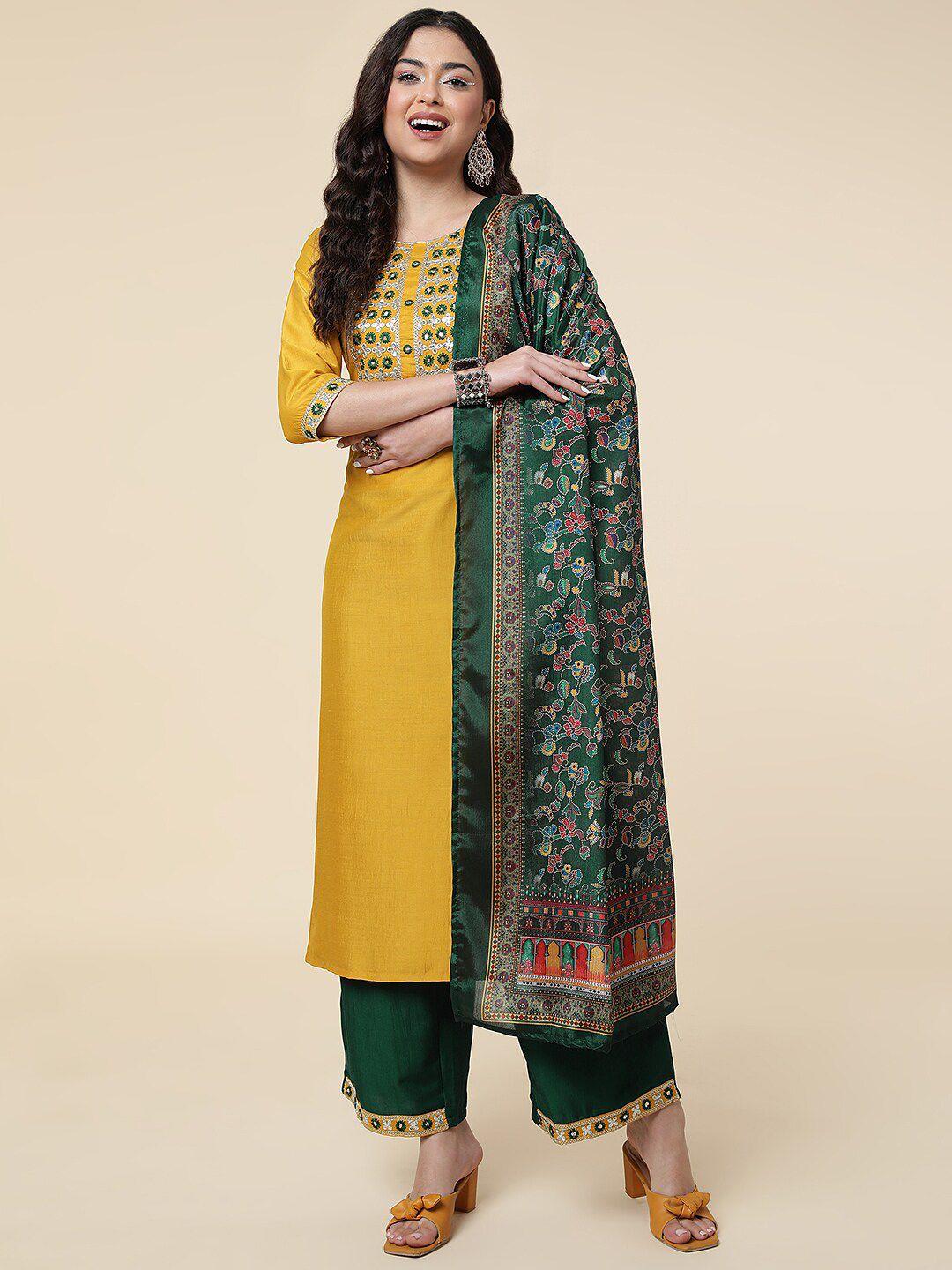 clemira floral embroidered sequinned kurta & palazzos with dupatta