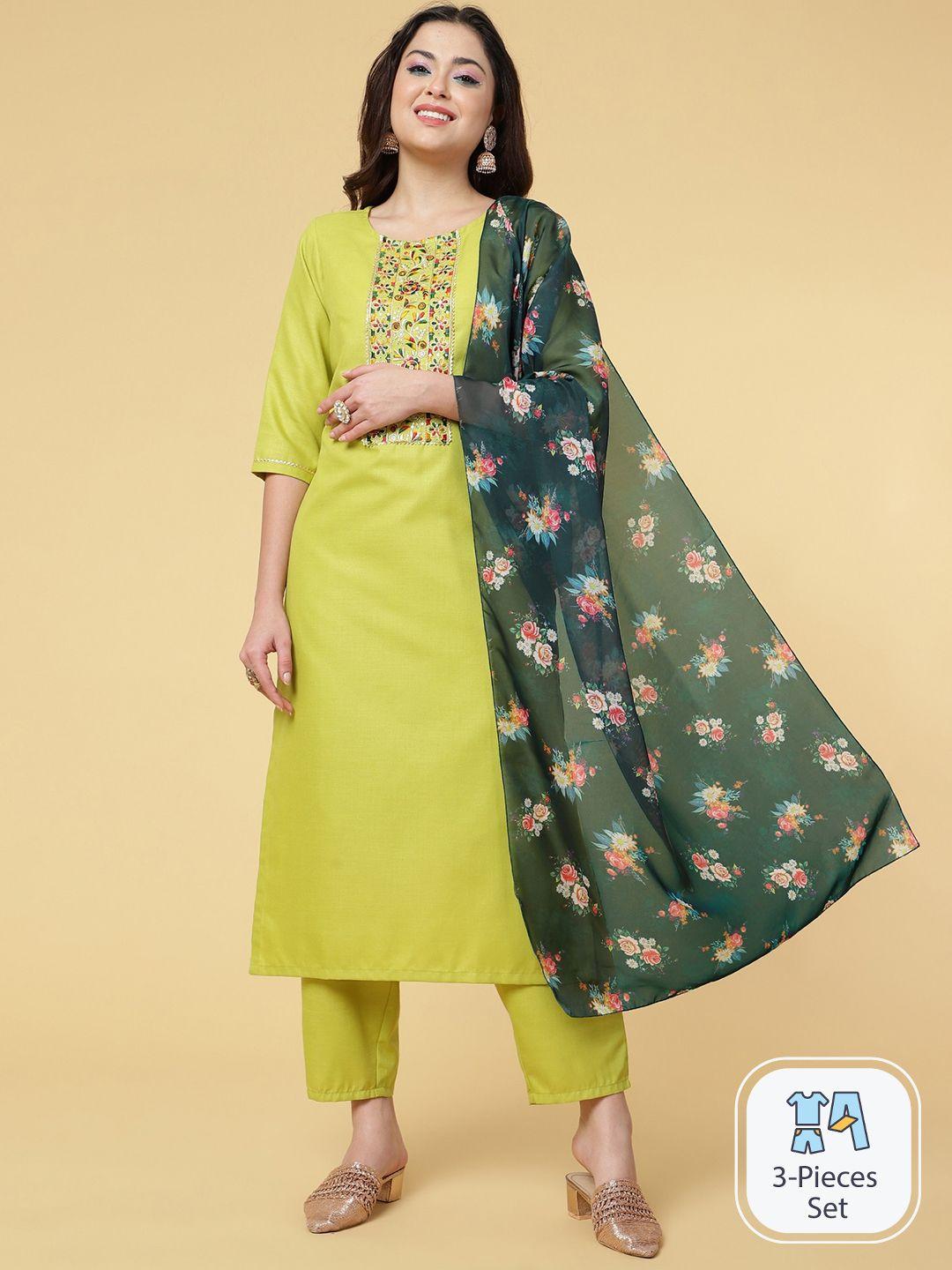 clemira floral embroidered yoke straight kurta & trousers with dupatta
