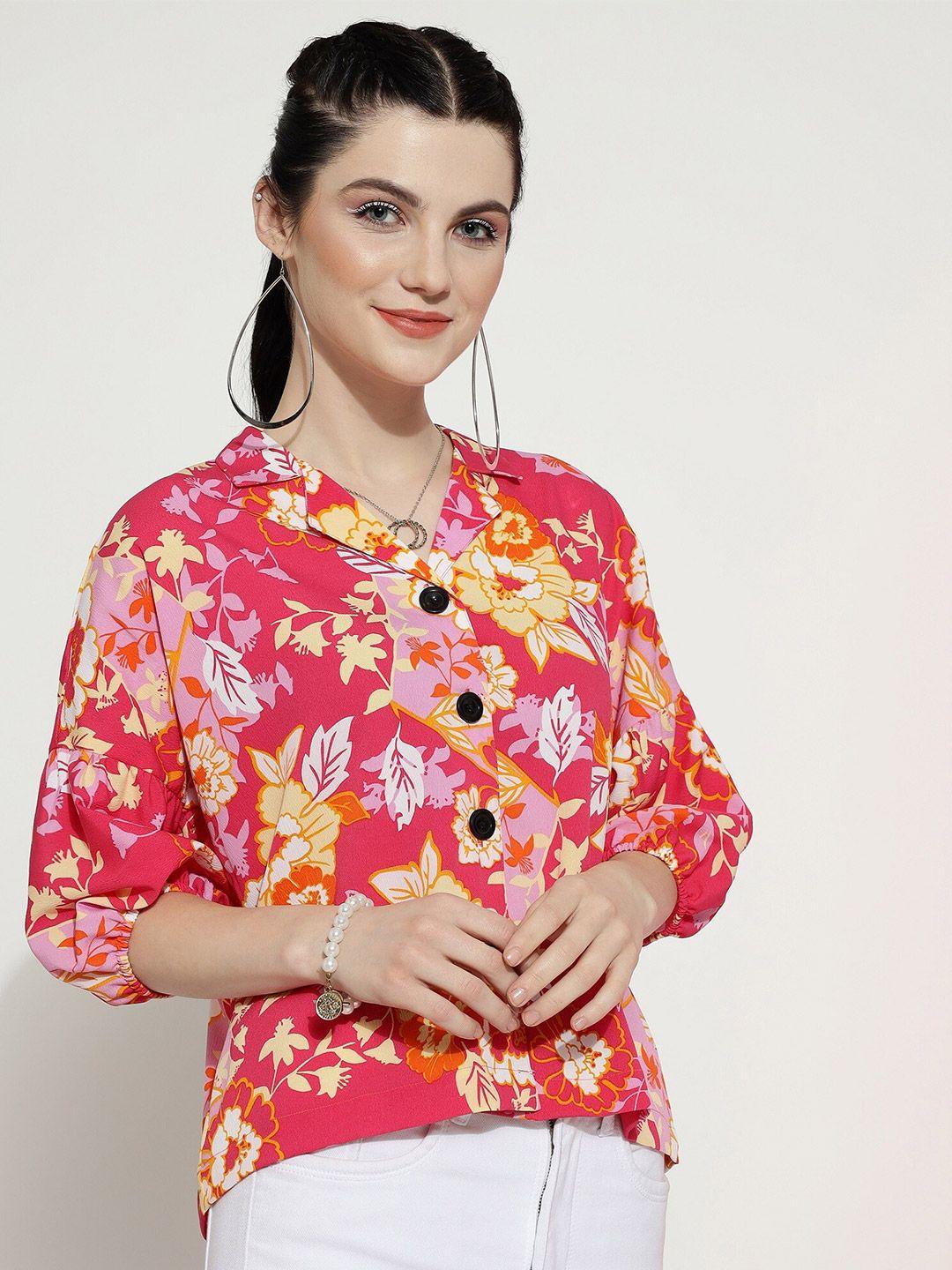 clemira floral printed cuban collar cuffed sleeves shirt style top