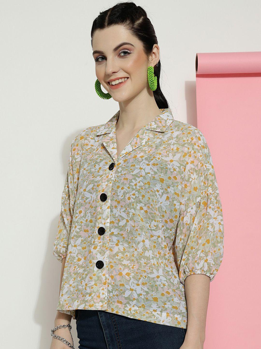 clemira floral printed shirt collar puff sleeves shirt style top