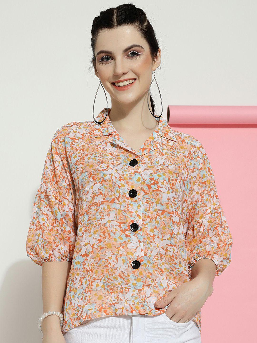 clemira floral printed shirt collar puff sleeves shirt style top