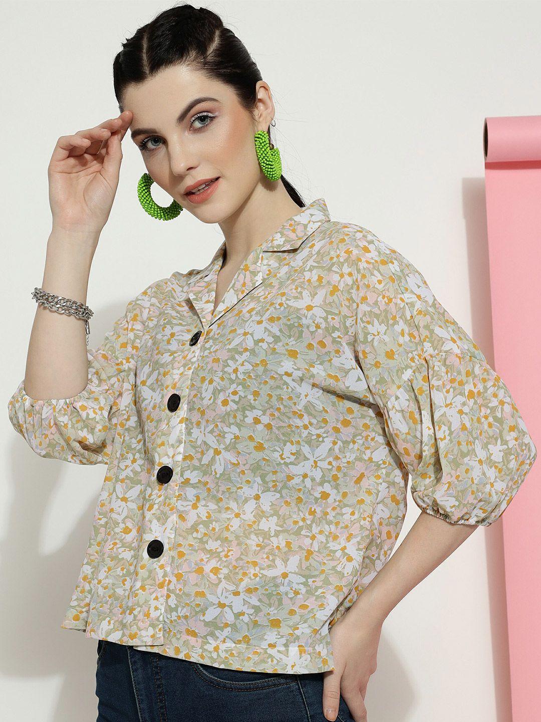 clemira floral printed shirt collar puff sleeves shirt style top