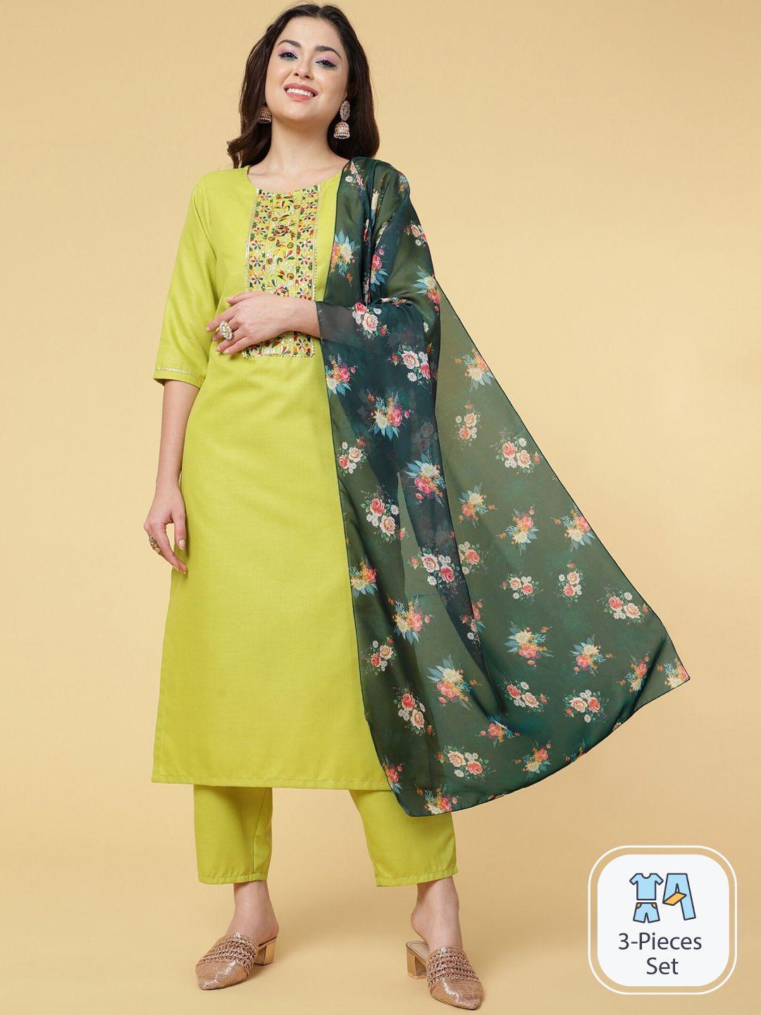clemira floral yoke design regular thread work kurta with trousers & jute silk dupatta