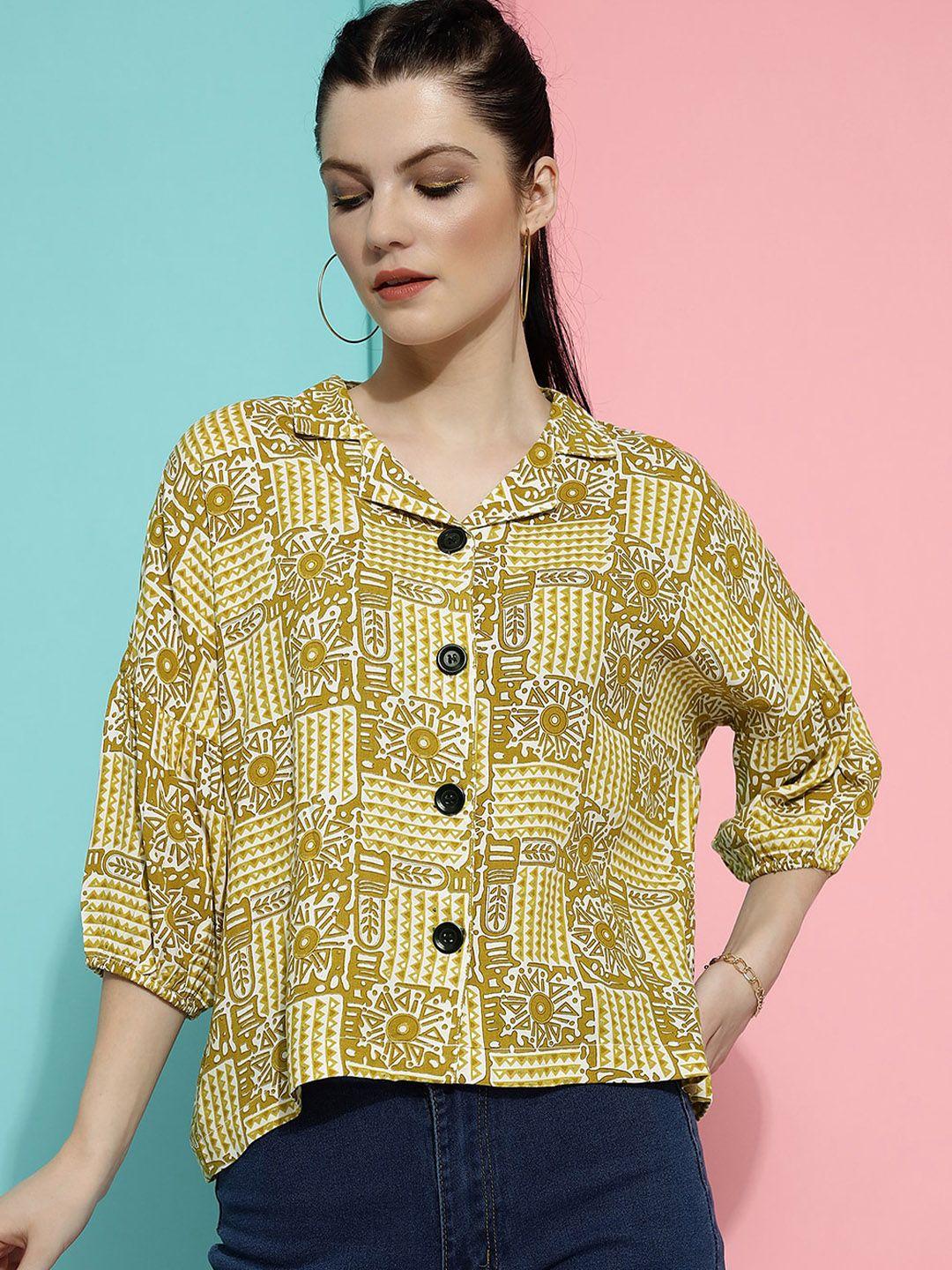clemira geometric printed shirt collar puff sleeve shirt style top