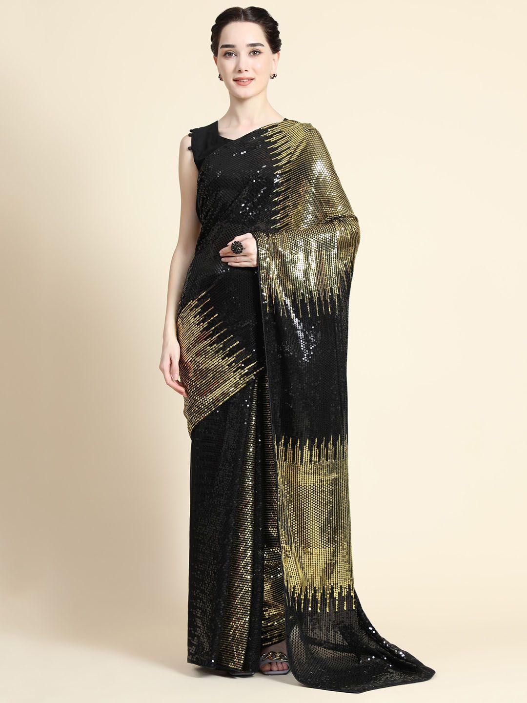 clemira gold-toned & black sequinned pure georgette saree