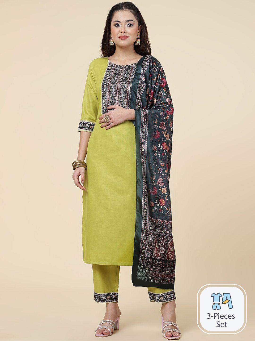 clemira green floral printed regular kurta with trousers & with dupatta